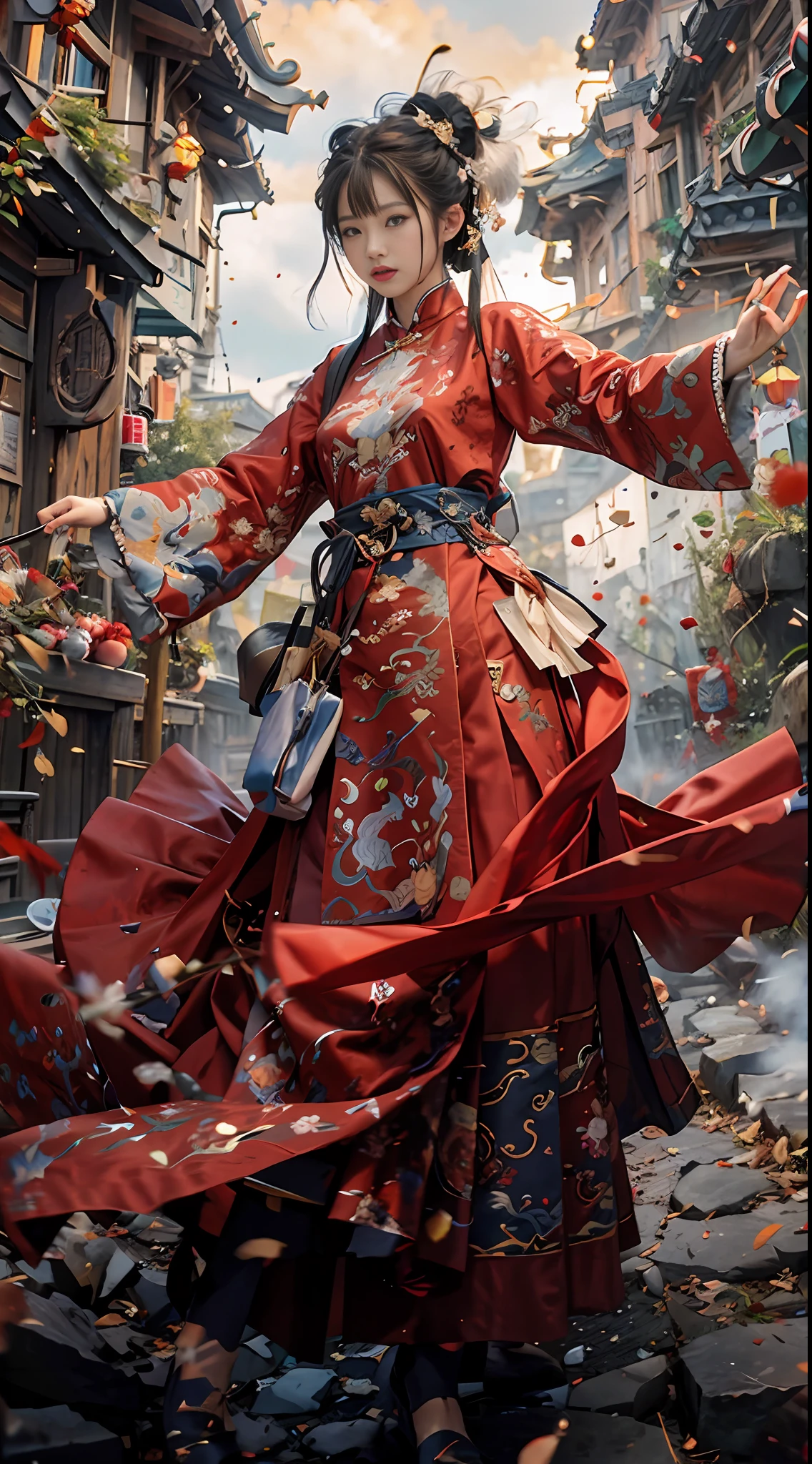 RAW photo of，best best quality，master masterpiece，extra high resolution，（PhotoRealistic：1.4），anime posters，1只手拿着一把大长刀，two hands，Wear gorgeous dresses，wavy，Traditional Chinese ink style，Girl Dragon Slayer，The main color is blue and white powder ink，dynamic motion，dynamicpose，moto，FULLBODY：：1 油画环境艺术电影中的惊人矢量， dioramas， Complicated Detail， solo， piece dress， floating_pubic hairs、Haar、