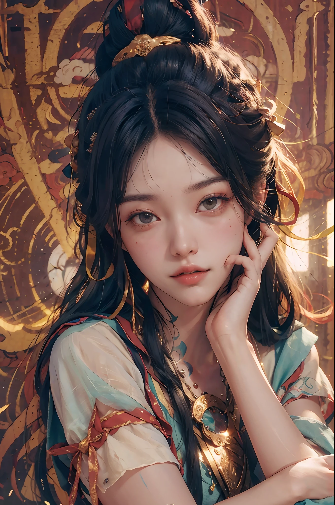 fortune teller,masterpiece,best quality,A 30-year-old woman with long black hair,(RAW Photography、Max Quality)、(Realstic、photot-REALISTIC:1.3)、Max Quality、High precision、MasterPiece、An ultra-DETAILED、An illustration、1girl、upper_body、Dynamic Angles、world masterpiece theater、messy_long_hair、Max Quality、extremely DETAILED CG unity 8k wallpaper、inking、Splendid、Movie lighting、lens_flare、dunhuang_style