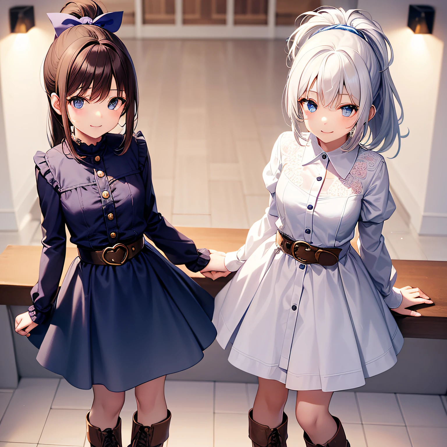 top quality, very delicate and beautiful, girl, 11 years old, (dark brown hair), blue clothes with vertical buttons, belt at the waist, white skirt, (ponytail)), (white hair band), (brown boots), blue eyes, standing, smile,