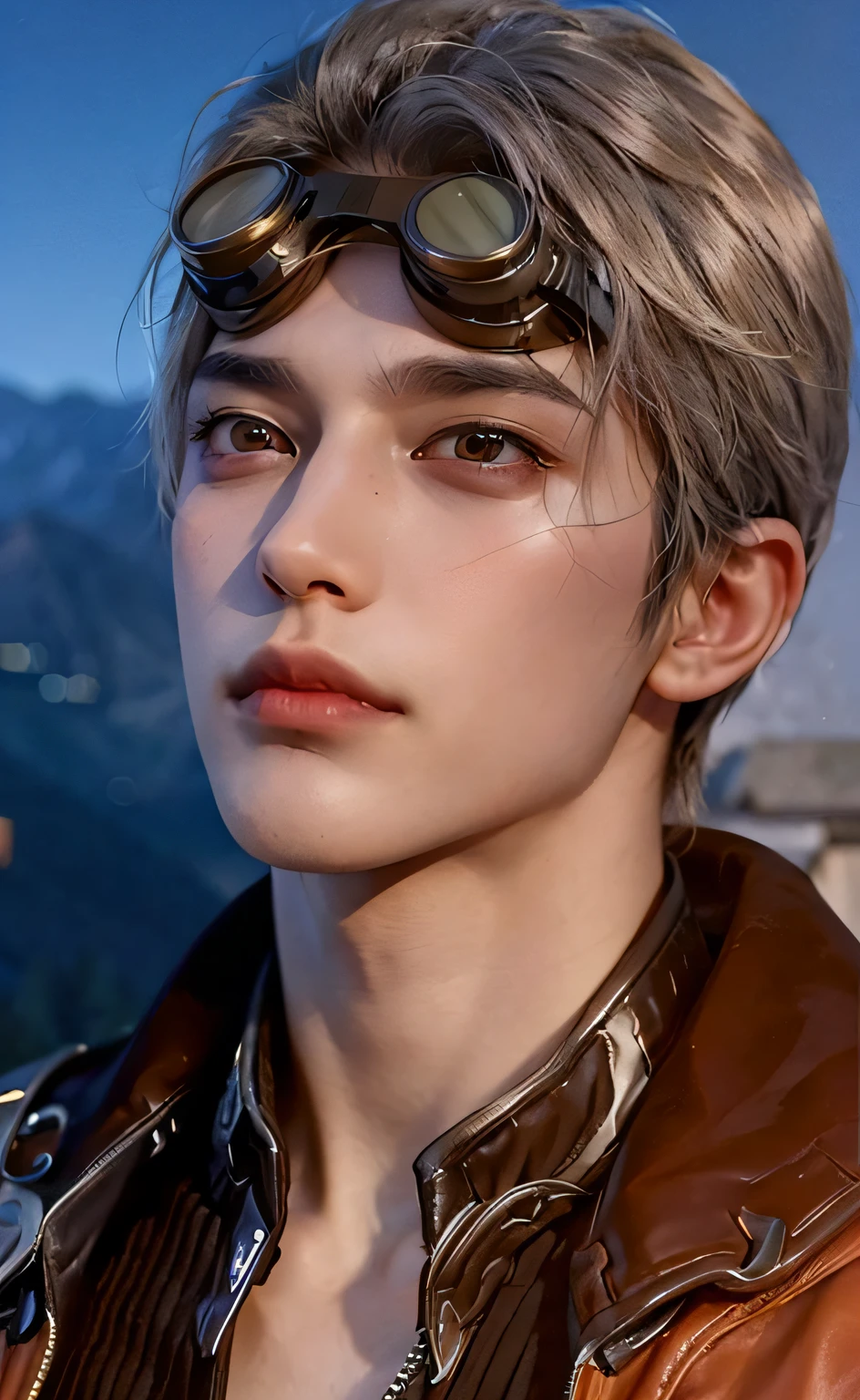 a close up of a person wearing a leather jacket and goggles, akihiko yoshida. UNREAL ENGINE, character close up, character close-up, close up character, monkey king, （（handsome face）），（（Exquisite Facial Features）），（（Superb handsome guy））,（（Faceclose-up，Meticulous portrayal））