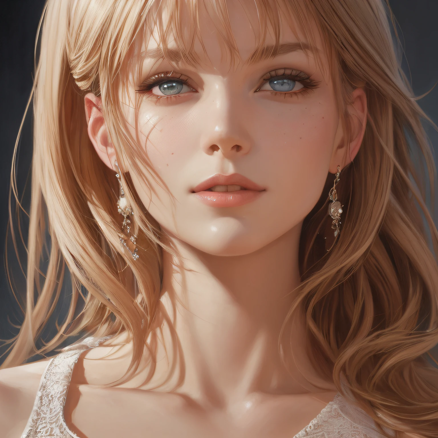 (Hyper-real), (illustartion), (HIGH RES), (8K), (extremely detail), (best illustrations), (BEAUTIFUL DETAILED EYES), (best best quality), (super cum-detailliert), (MasterPiece), ( ,desktop wallpaper), (Detailed face), Milky white,fair skin,High Detail skin, Realistic Skin Details, visible pores,(dynamicpose),1 girl,The art of John Collier and Albert Obright and Krenz Kusart and Artem Demura,open shoulders,A shallow smile,Cameltoe,HALF-body, Perfect Scale ,leisure wear --auto