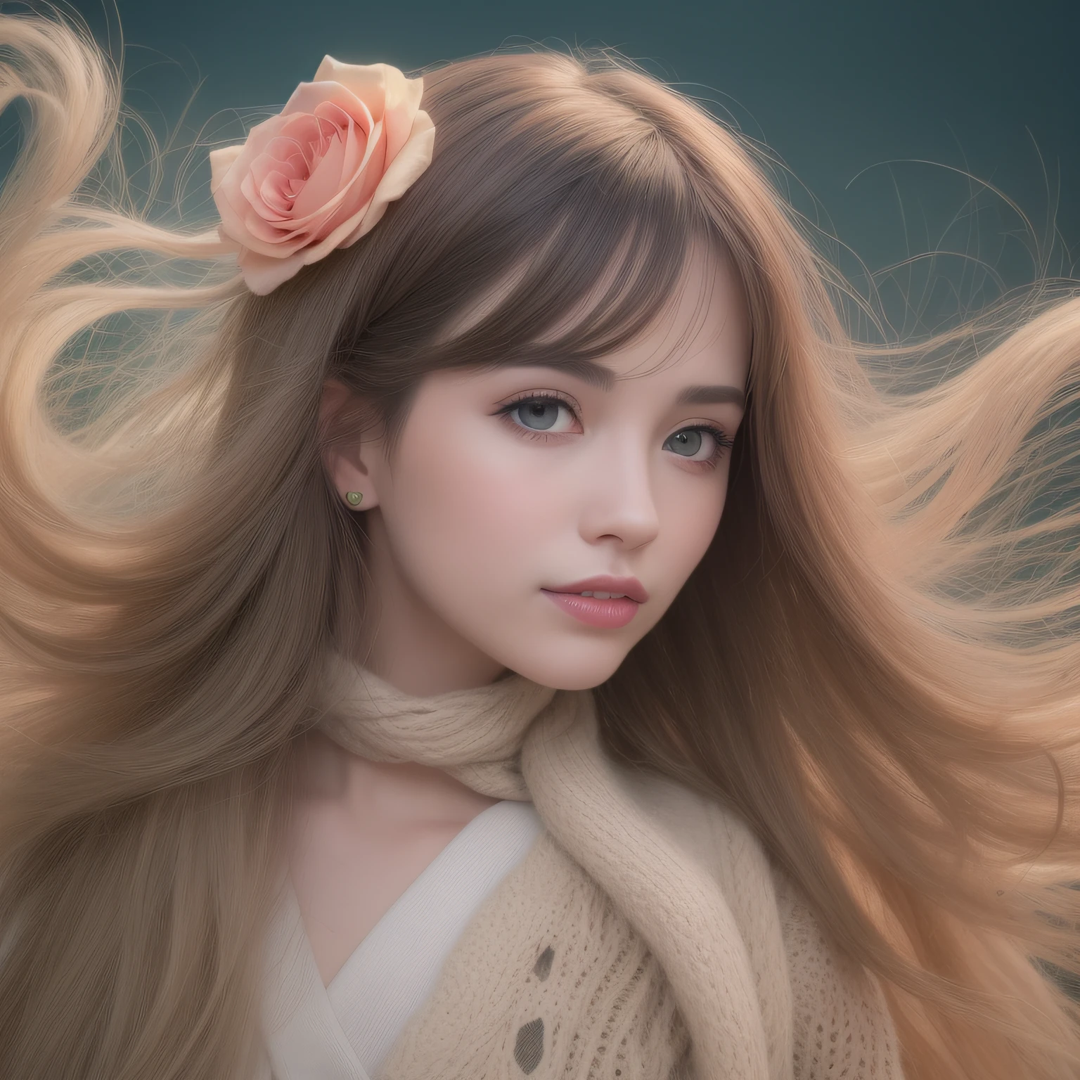 Solo girl portrait, nice perfect face with soft skin, small face with nose and rose-like lips, beautiful eyes, beautiful smile. Black and thin long beautiful hair, orange knit and beige pants, floating, (lavender background), (best quality, 8k, game CG, photorealistic, wallpaper), (red | green | blue | black | white color), Raphael, USA: 0.5