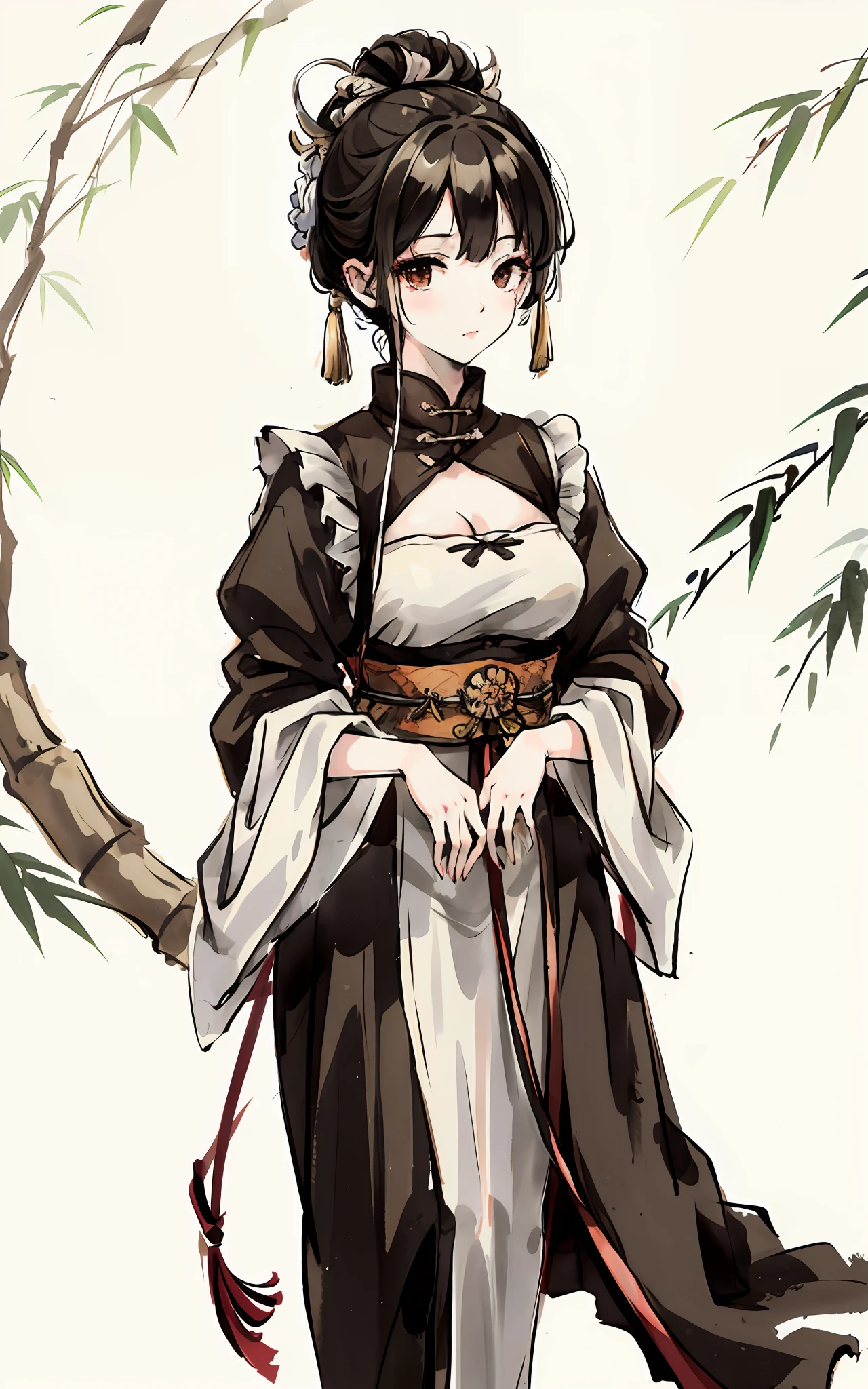 shukezouma, Shuimobysim, willow branches, (masterpiece, Best Quality: 1.2), ((Traditional Chinese ink painting)), Model Style, bamboo branches, bamboo, wuchangshuo, housemaid, Maid costume