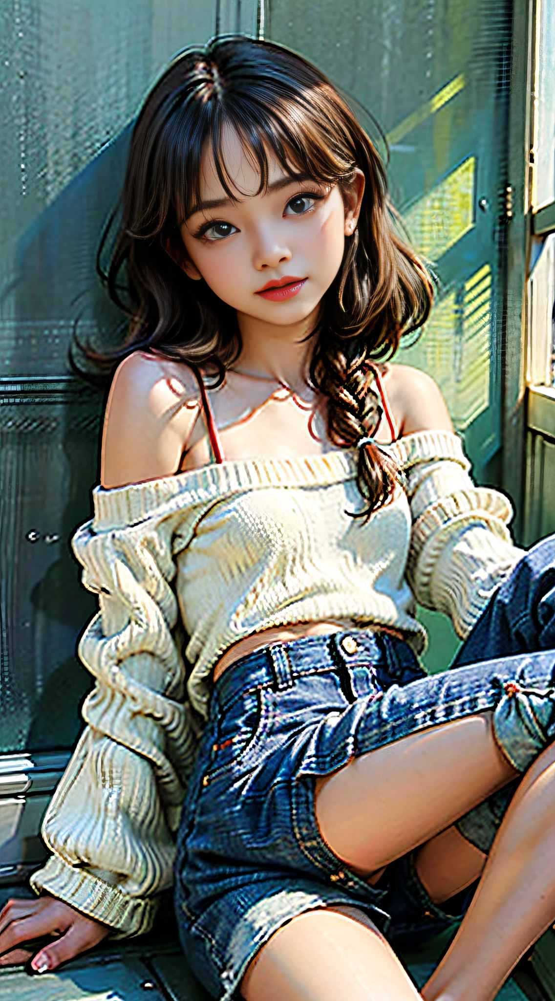 (best quality, masterpiece:1.3), 1girl, sitting, spread legs, looking at viewer, leaning back, against wall, off shoulder, sunlight,