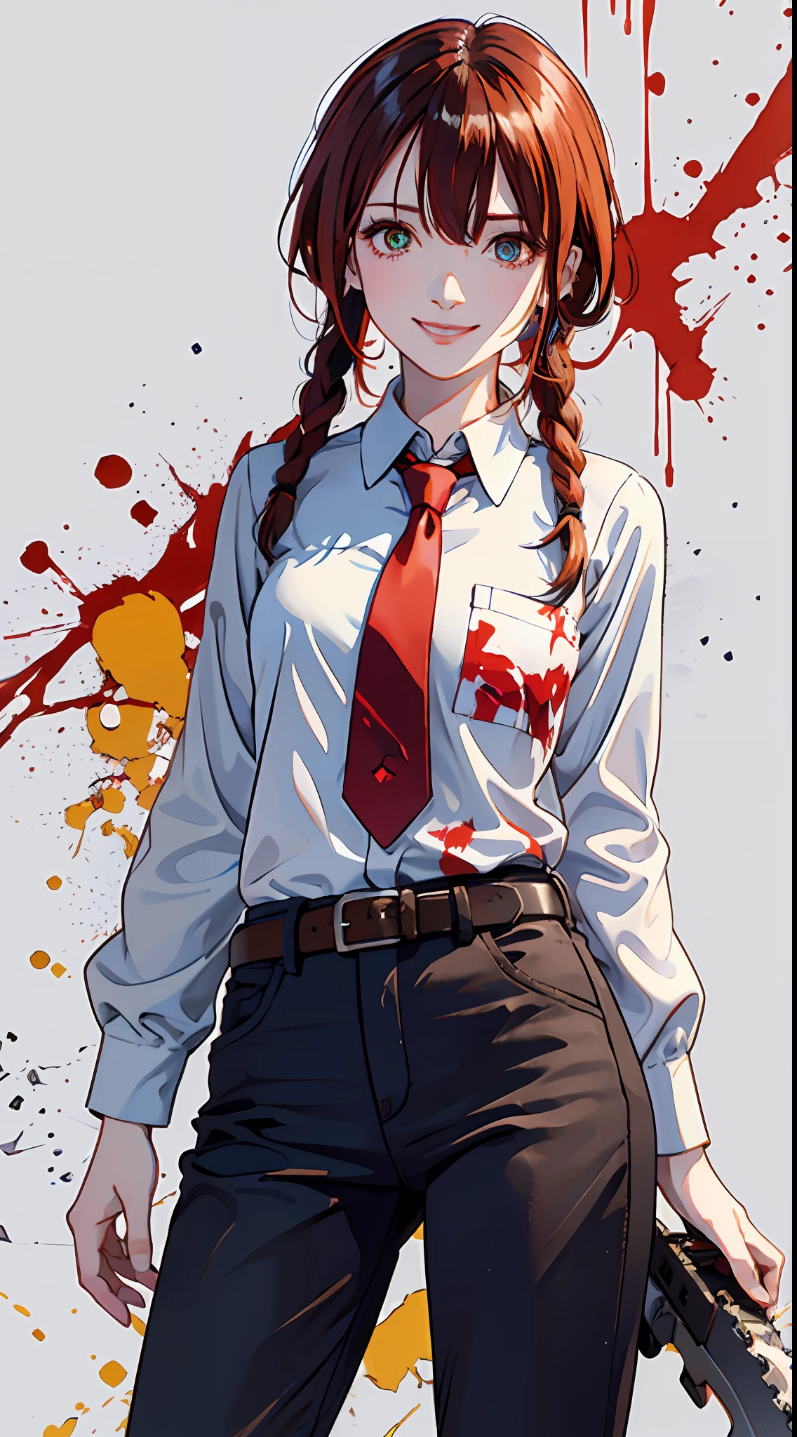 (masterpiece:1,2), best quality, masterpiece, hires, original, extremely detailed wallpaper, perfect lighting,(extremely detailed CG:1.2),1girl, makima (chainsaw man), solo,necktie, shirt, black necktie, red hair, braid, pants, black pants, white shirt, collared shirt, ringed eyes, breasts, braided ponytail, bangs, long sleeves, sidelocks, belt, long hair, medium breasts, orange eyes, shirt tucked in, hair between eyes,
looking at viewer,Blush,Light smile, silly,smile,grin,closed mouth,
(splatter background:1.5),simple background,outline,concept art,