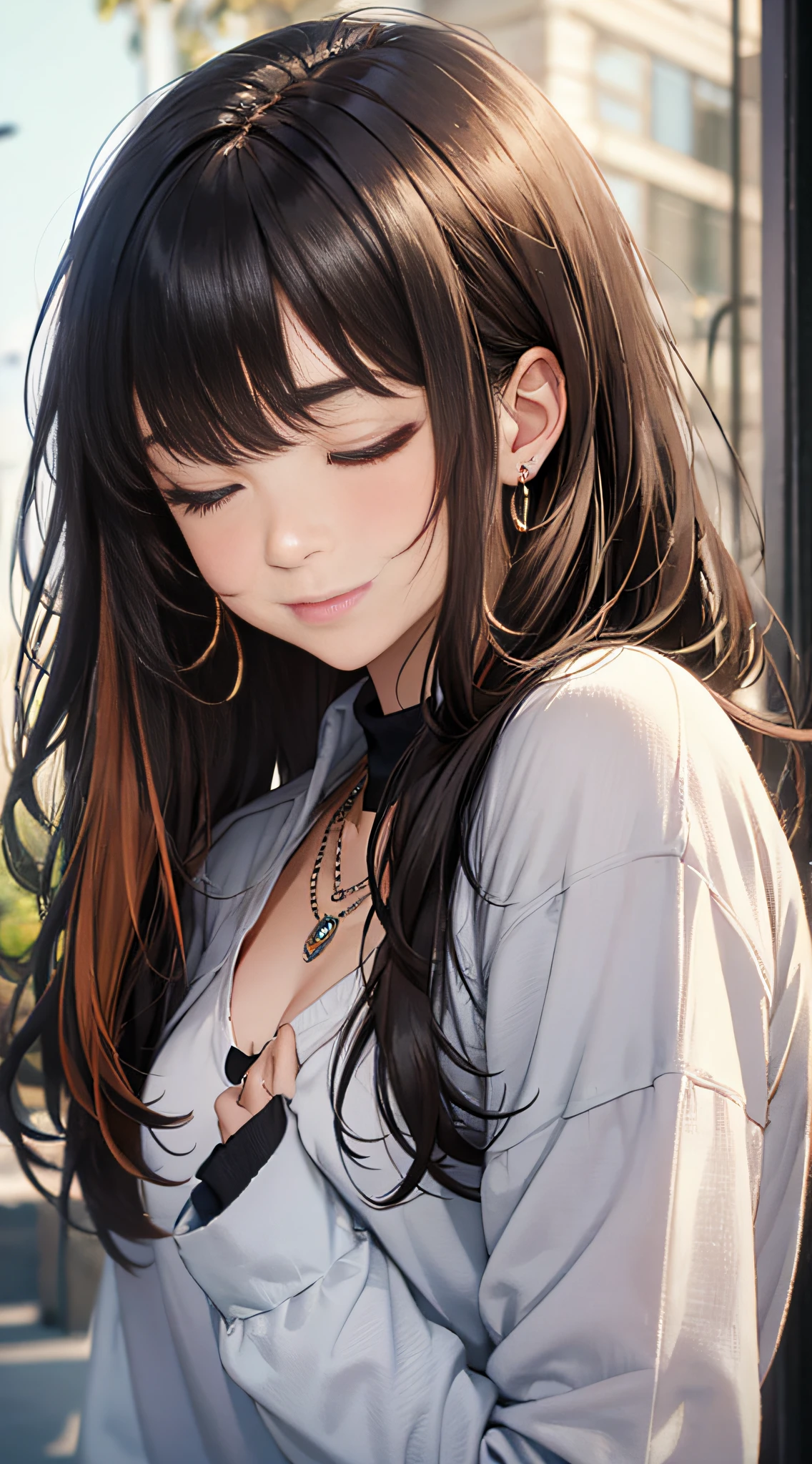 1girls, bangs, black hair, lack shirt, blurry, blurry background, bokeh, brown eyes, brown hair, closed mouth, day, depth of field, hair between eyes, halt-
closed eyes, head tilt, jewelry, lips, long hair, long sleeves, looking at viewer, multicolored hair, necklace, nose, outdoors, shirt, smile, solo, thick eyebrows,
two-tone hair, upper body
. ((masterpiece))