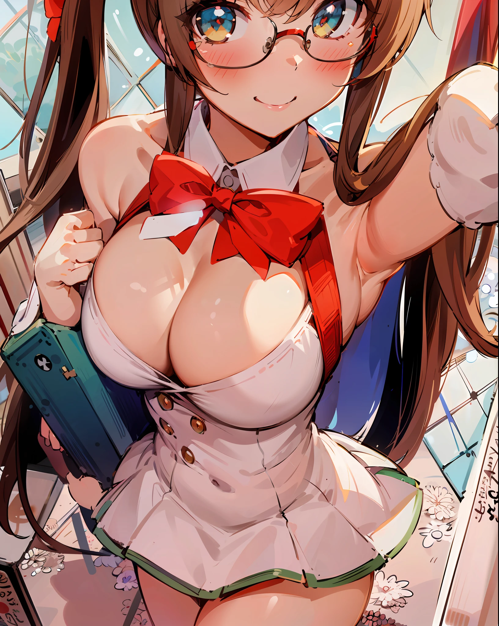 anime girl with glasses and a red bow holding a blue case, small curvaceous , kantai collection style, | Fine detail anime, big breasts!, ecchi, teasing smile, enchanting anime girl, LOLIur lane style, big breasts!!, oppai, ecchi anime style, school girl, marin kitagawa fanart, with large breasts