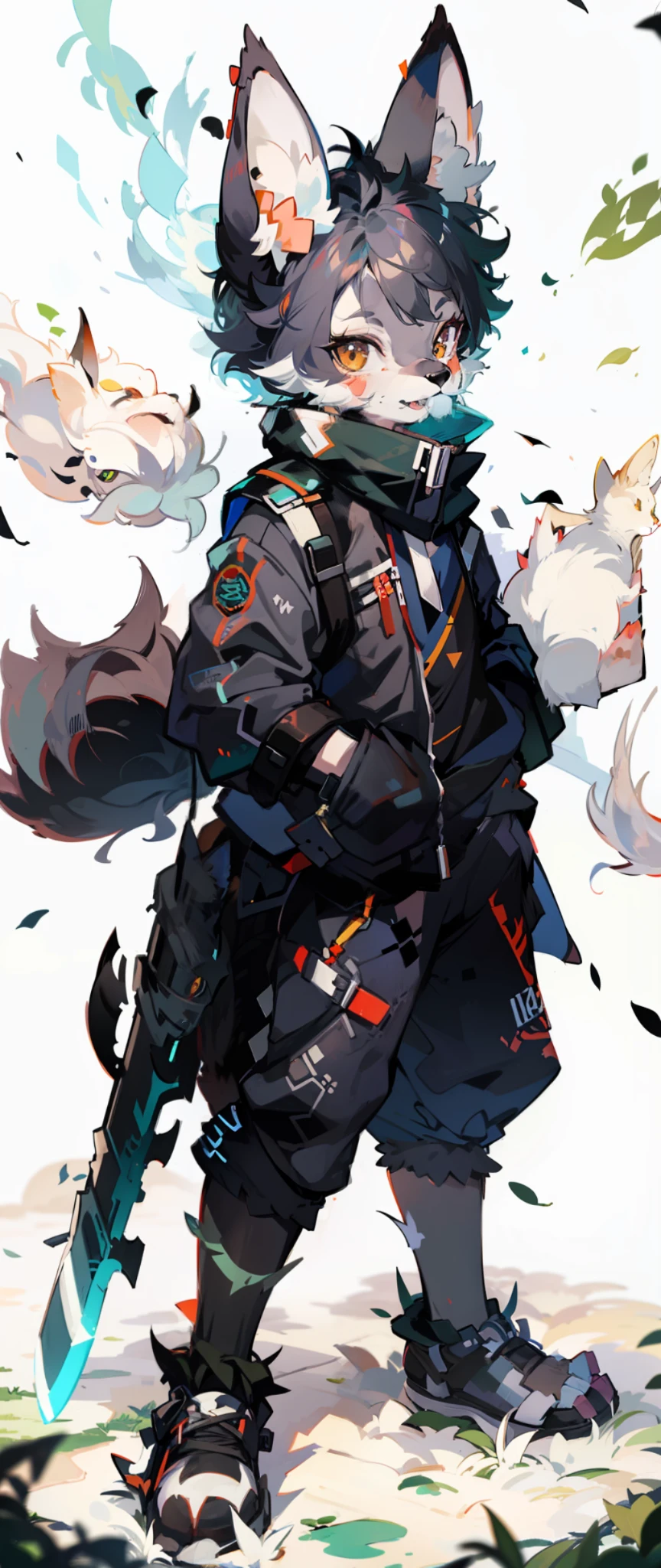 (fluffy anthro furry:1.3), 1girl, solo, furry cat, cat ears, solo, furry, furry male, male focus, anthr, (full body fur, fluffy tail, gray-black fur, brown eyes, gray hair: 1.2), (long canine) anime style gray-black wolf boy battle-hardened trained holding symmetrical long-bladed weapons with two ends full body black silent forest in background