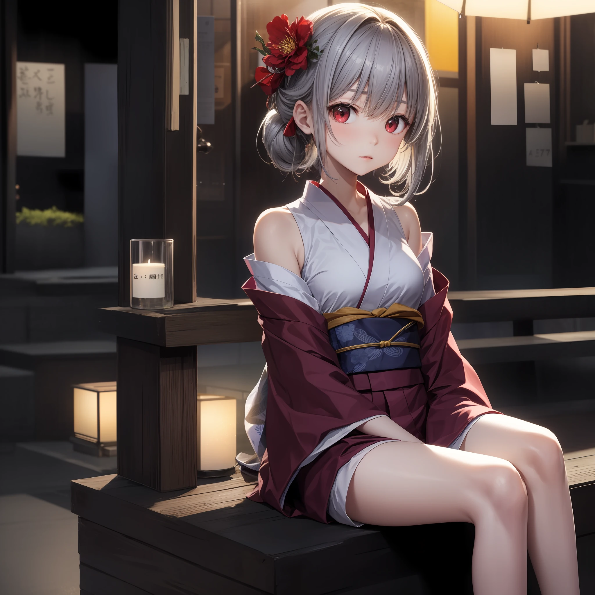 1 、Gray Hair、Red Eyes、Kamimei、Red Face、month、yukata、off shoulders、Sitting、solo、Jaw pulling