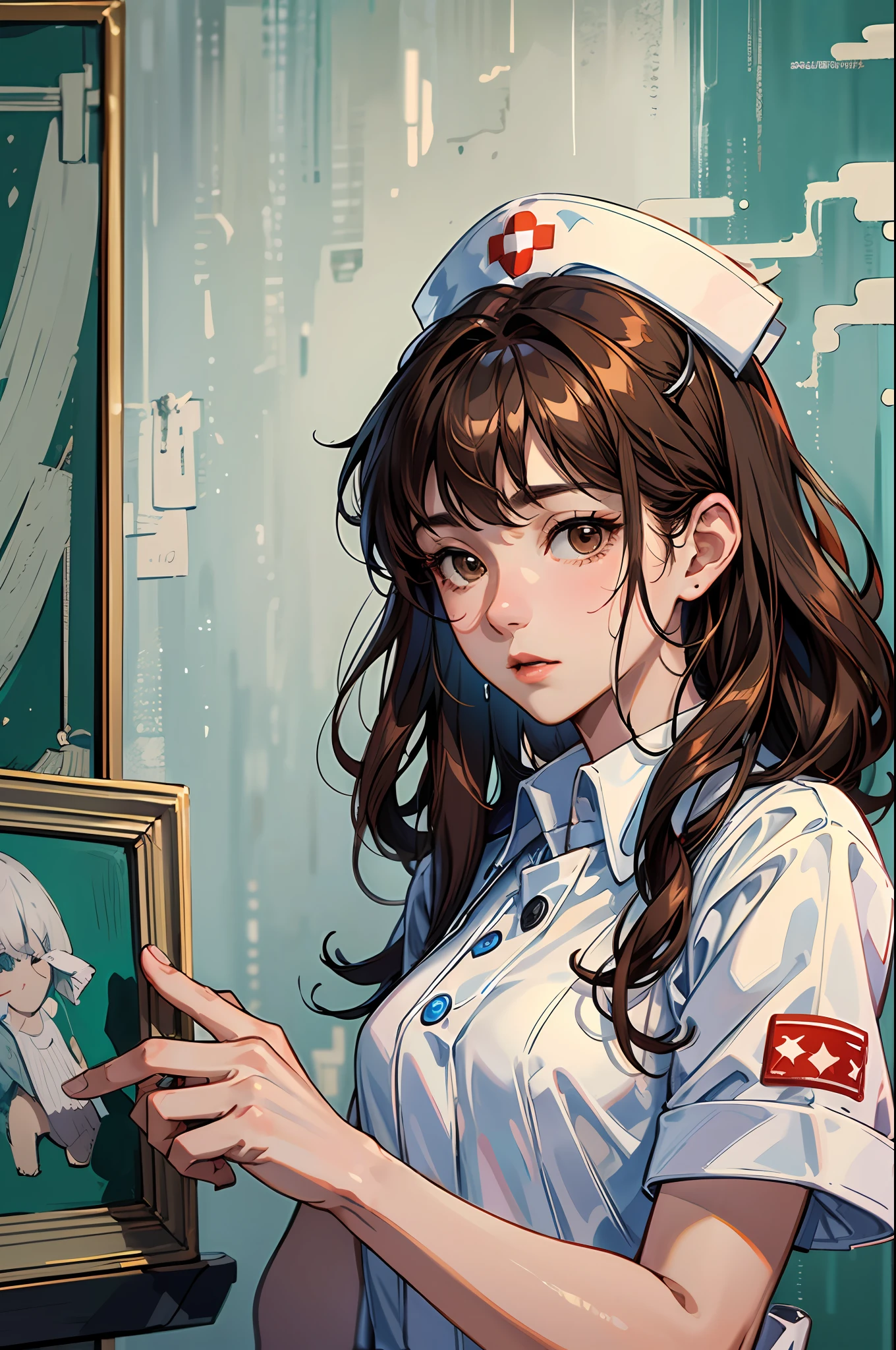 (HIGH RES, super cum-detailliert, HDR), WOMAn，Brown curly hair，Brown eyes。Wearing a white nurse's uniform，Pay attention to detail，Vertical painting，（solid white background），Vertical painting，gentle
