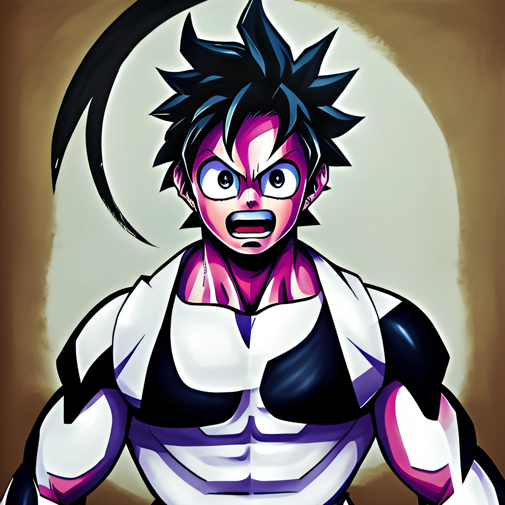 Draw a two-dimensional style male，Half of the body leaks out of muscles，Black Short Hair，The expression is grim，photorealistc，hdt，movie light and shadow，Akira Toriyama painting style，Masculine，Dragon Ball，black color hair