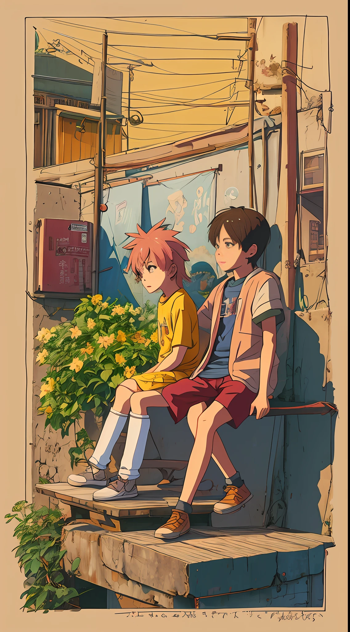 Anime boys sit on some ledges，Delicate Faces，ultra Detailed，solo，MasterPiece，Bu Bear，cute art style，Loepfe Art Style，cute detailed digital art，anime asthetic，Cute anime，high quality anime artstyle，Anime Boy，Anime Art Style，Lovely detailed artwork，Soft anime illustration，lofi girl，lofi aesthetic，lofi art，Loepfe，cute artwork，High-quality doujin art，illustrated anime
