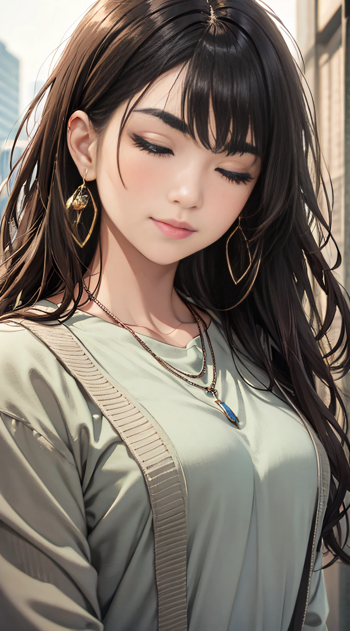 1girls, bangs, black hair, lack shirt, blurry, blurry background, bokeh, brown eyes, brown hair, closed mouth, day, depth of field, hair between eyes, halt-
closed eyes, head tilt, jewelry, lips, long hair, long sleeves, looking at viewer, multicolored hair, necklace, nose, outdoors, shirt, smile, solo, thick eyebrows,
two-tone hair, upper body
. ((masterpiece))