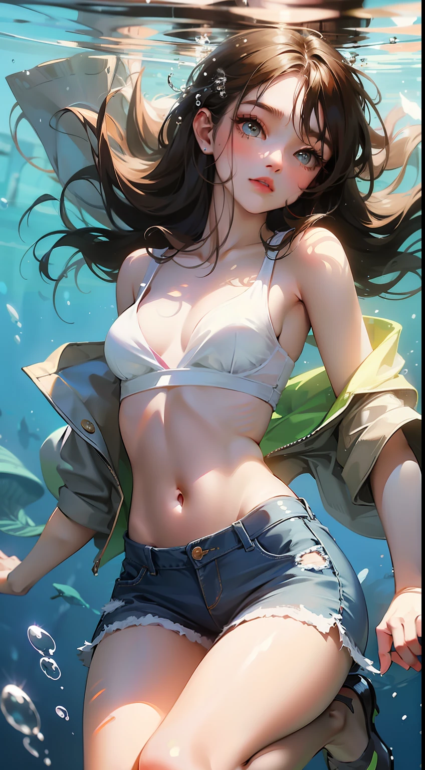 Girl posing for photo in white bra and tight denim skirt,FULLBODY,With a cropped T-shirt、Chest 罩,Slim body,Smaller bust,slim girl model,24 year old female model,water under,in the water,shuixia