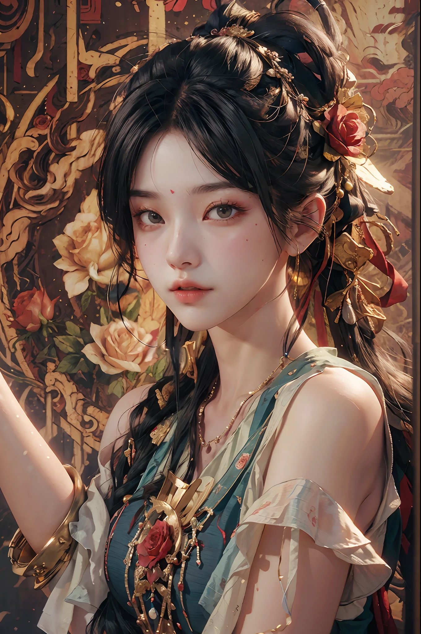 (fortune teller),masterpiece,Max Quality,A 30-year-old woman with long black hair,(RAW Photography、Max Quality)、(Realstic、photot-REALISTIC:1.3)、Max Quality、highly accurate、MasterPiece、An ultra-DETAILED、An illustration、1girl(Rose)、upper_body、Dynamic Angles、world masterpiece theater、sloppy_longer_haired、、Max Quality、extremely DETAILED CG unity 8k wallpaper、inking、Splendid、Movie lighting、lens_flare、Dunhuang_style