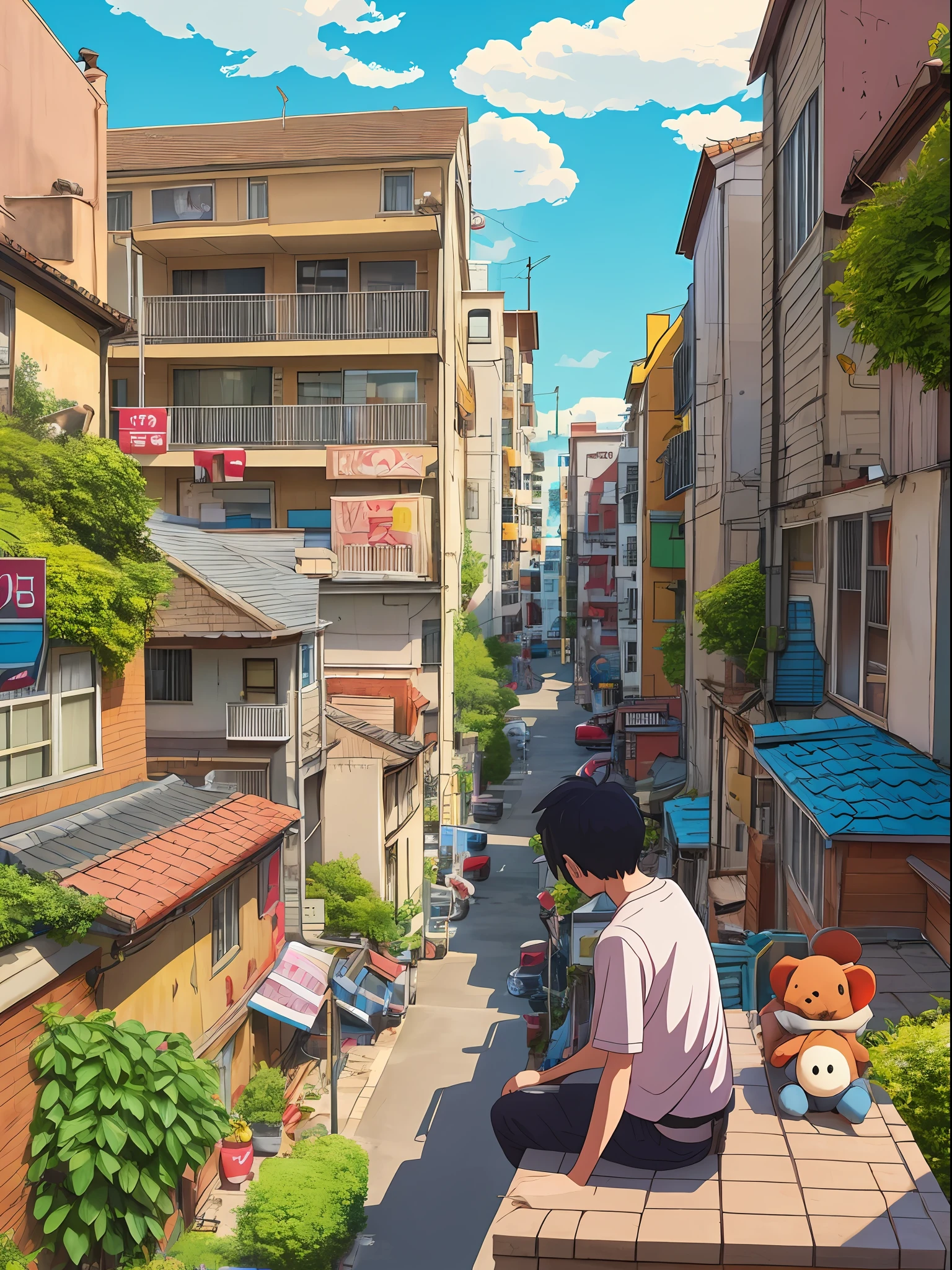 anime boy sitting on a ledge with stuffed animals, cute art style, lofi artstyle, cute detailed digital art, anime aesthetic, cute anime, high quality anime artstyle, anime boy, anime artstyle, cute detailed artwork, soft anime illustration, lofi girl, lofi aesthetic, lofi art, lofi, cute artwork, high quality fanart, illustrated anime