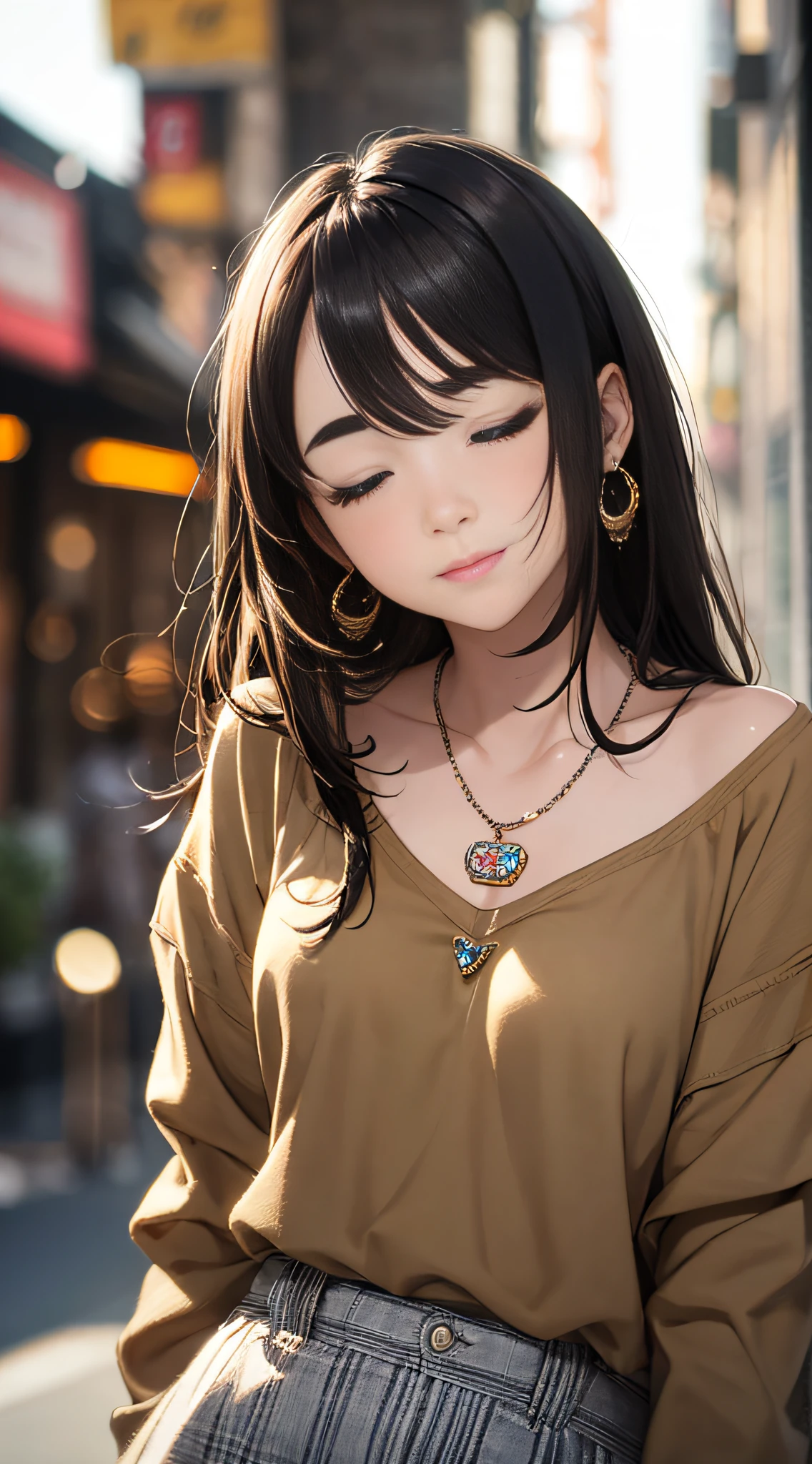 1girls, bangs, black hair, lack shirt, blurry, blurry background, bokeh, brown eyes, brown hair, closed mouth, day, depth of field, hair between eyes, halt-
closed eyes, head tilt, jewelry, lips, long hair, long sleeves, looking at viewer, multicolored hair, necklace, nose, outdoors, shirt, smile, solo, thick eyebrows,
two-tone hair, upper body
. ((masterpiece))