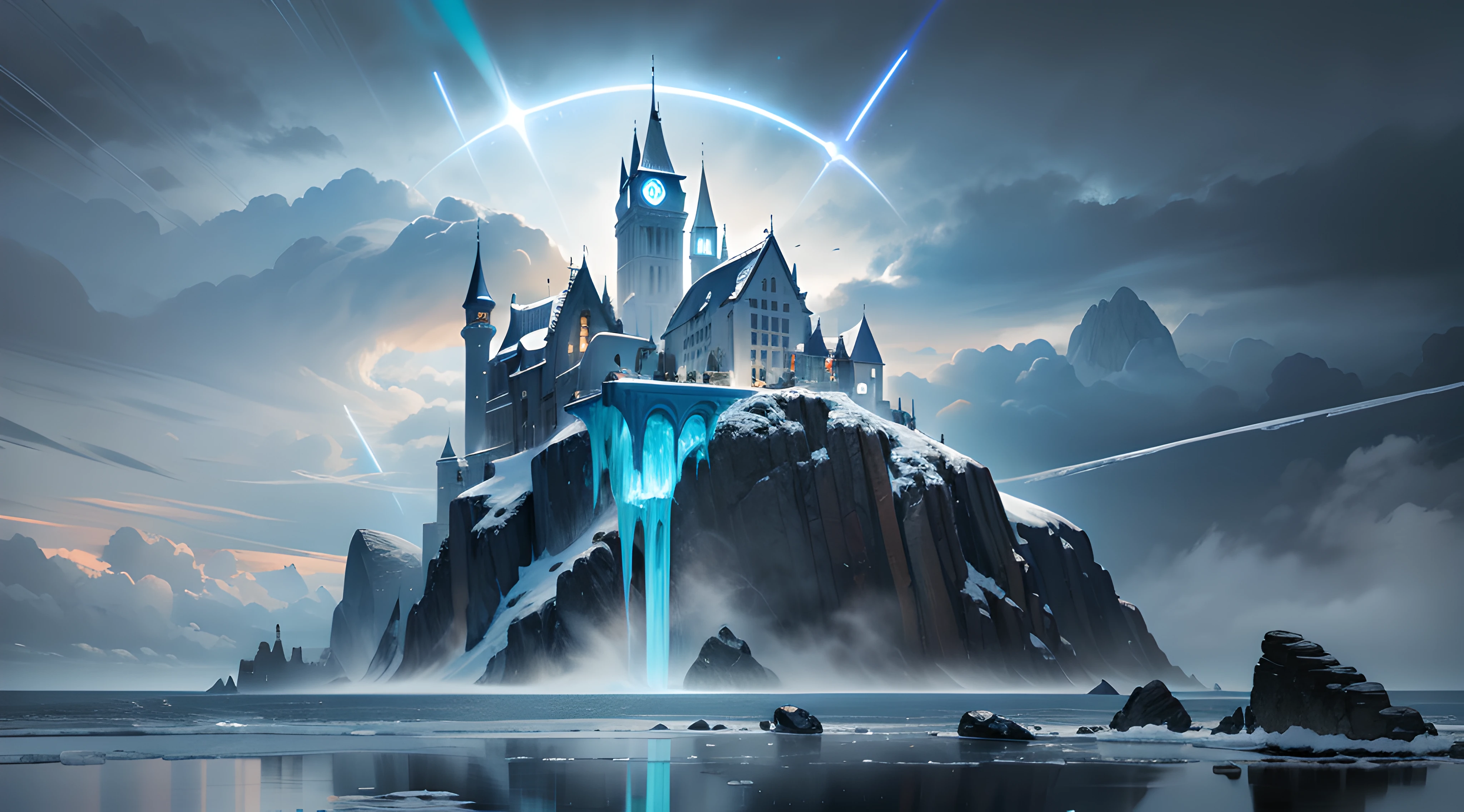A huge ancient rock covered with snow, floating in the air, over storm sea, Clouds are flying around, neon blue beam from the Island, muted colors, Ice spikes around, Gothic castle covered with ice, digital ilustration, approaching perfection, dynamic, highly detailed, artstation, Concept Art, smooth, sharp focus, illustration, sinister, matte painting movie poster, Golden ratio