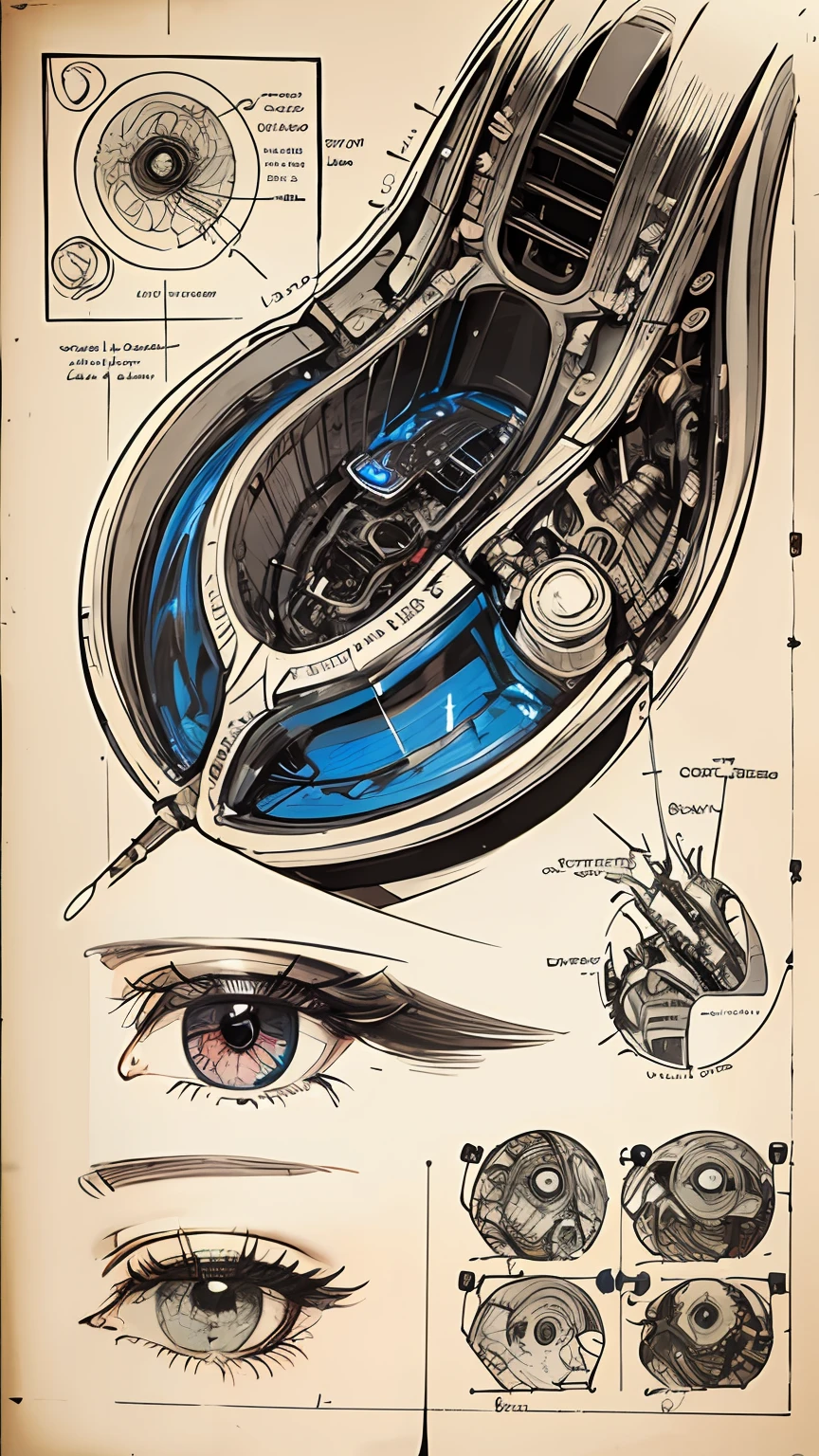 anatomical diagram of the human eye, schematic, technical diagram, exceedingly insanely intricate, davinci, circuits, infographic, blueprint, illuminated manuscript, hand drawn, sketch, black and white