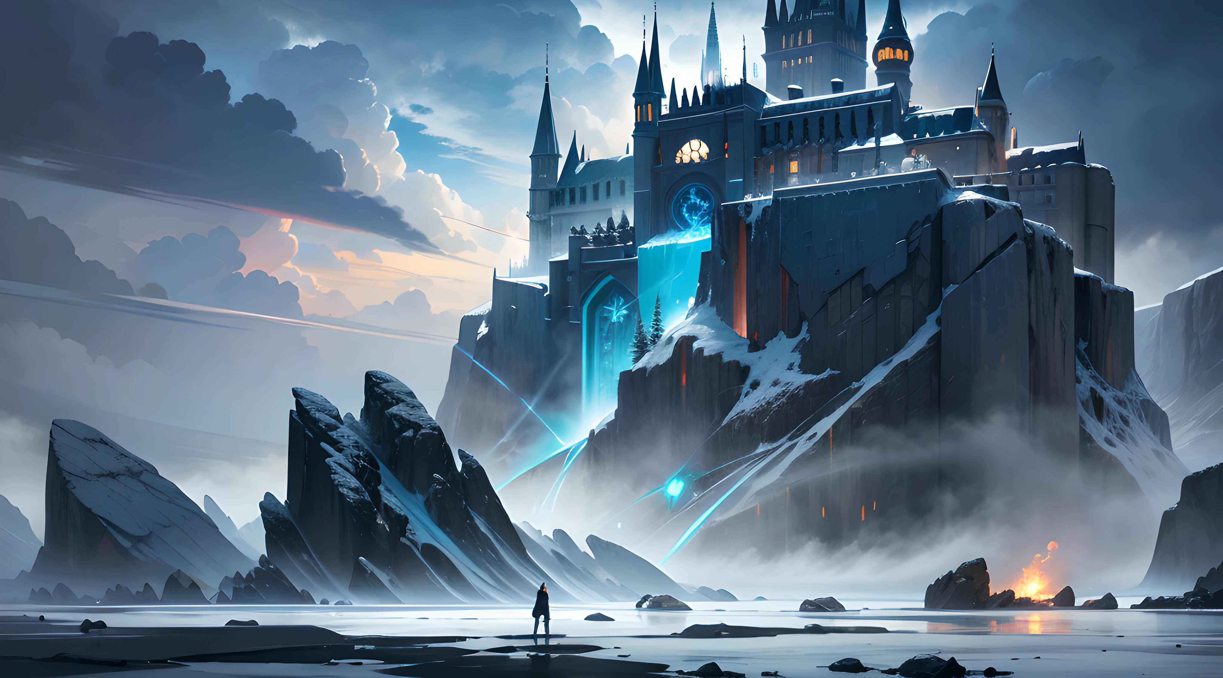 A huge ancient rock covered with snow, floating in the air, over storm sea, Clouds are flying around, neon blue beam from the Island, muted colors, Ice spikes around, Gothic castle covered with ice, digital ilustration, approaching perfection, dynamic, highly detailed, artstation, Concept Art, smooth, sharp focus, illustration, sinister, matte painting movie poster, Golden ratio