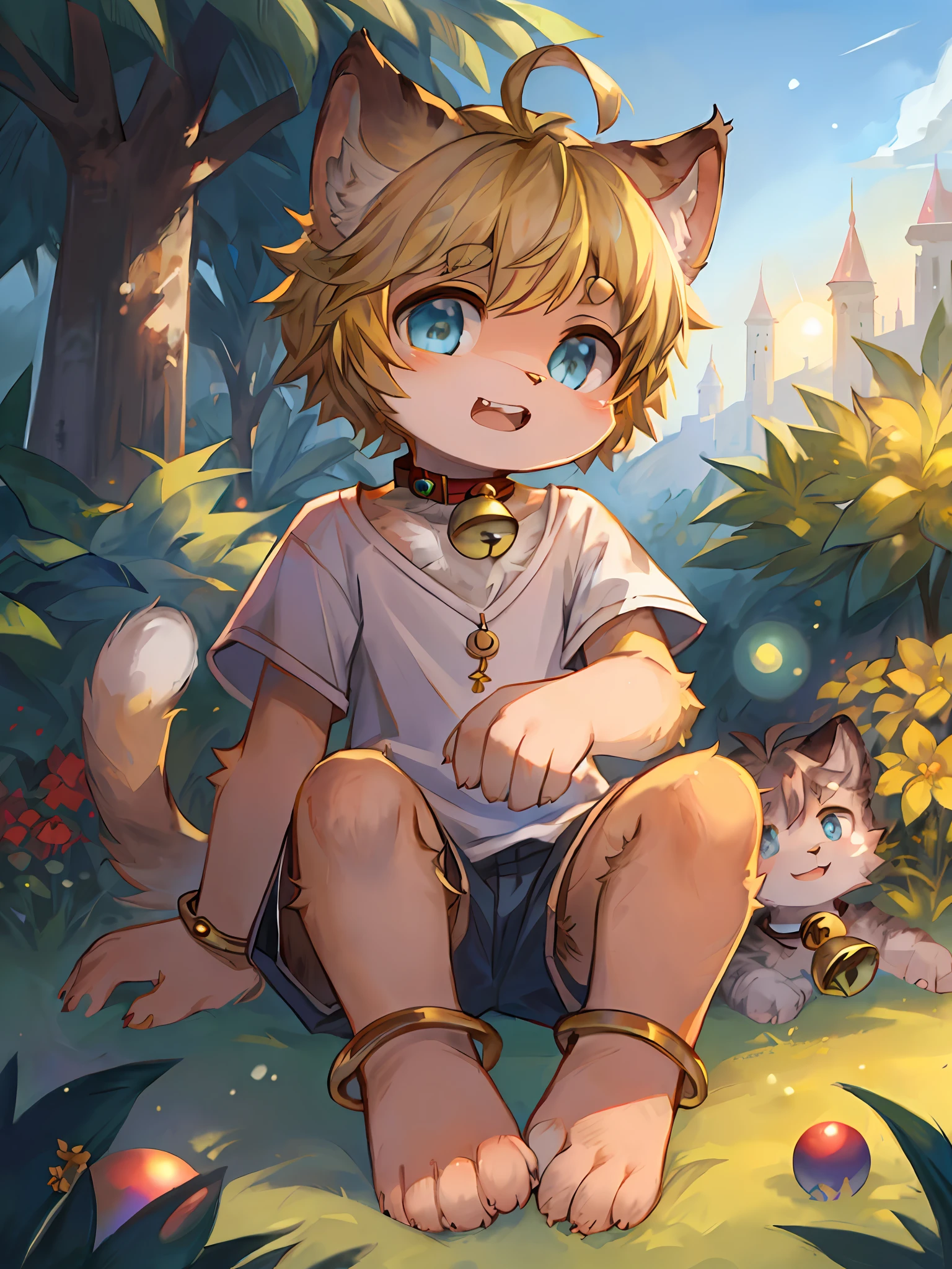 spheres,Stand in front of the garden,bobed hair,blondhair,Light blue eyes,Ahoge,Bell collar,FULLBODY,lenfant,Furries,cat ears,cat ears,open mouth,There are cat teeth,yun,SKY、,SKY,The sun,In summer,No spots,Cubs,Yellow hairs everywhere,Hairy all over,Fluffy cat tail,MasterPiece,quality portraits,human shape,Cubs,Solitary child boy,aeolian,Full Shot Shot,White top with short sleeves,gray shorts,Super cute face,Dore,Fluffy snow-white cat palm、hairy hands,The fingers are clearly defined,There are meat pads,There are toe pads,Beautiful palm,flesh pad,Structured,full body portrait,Cat's feet,hairy legs,Cute anklets,The face is hairy,Cat beard,No shoes