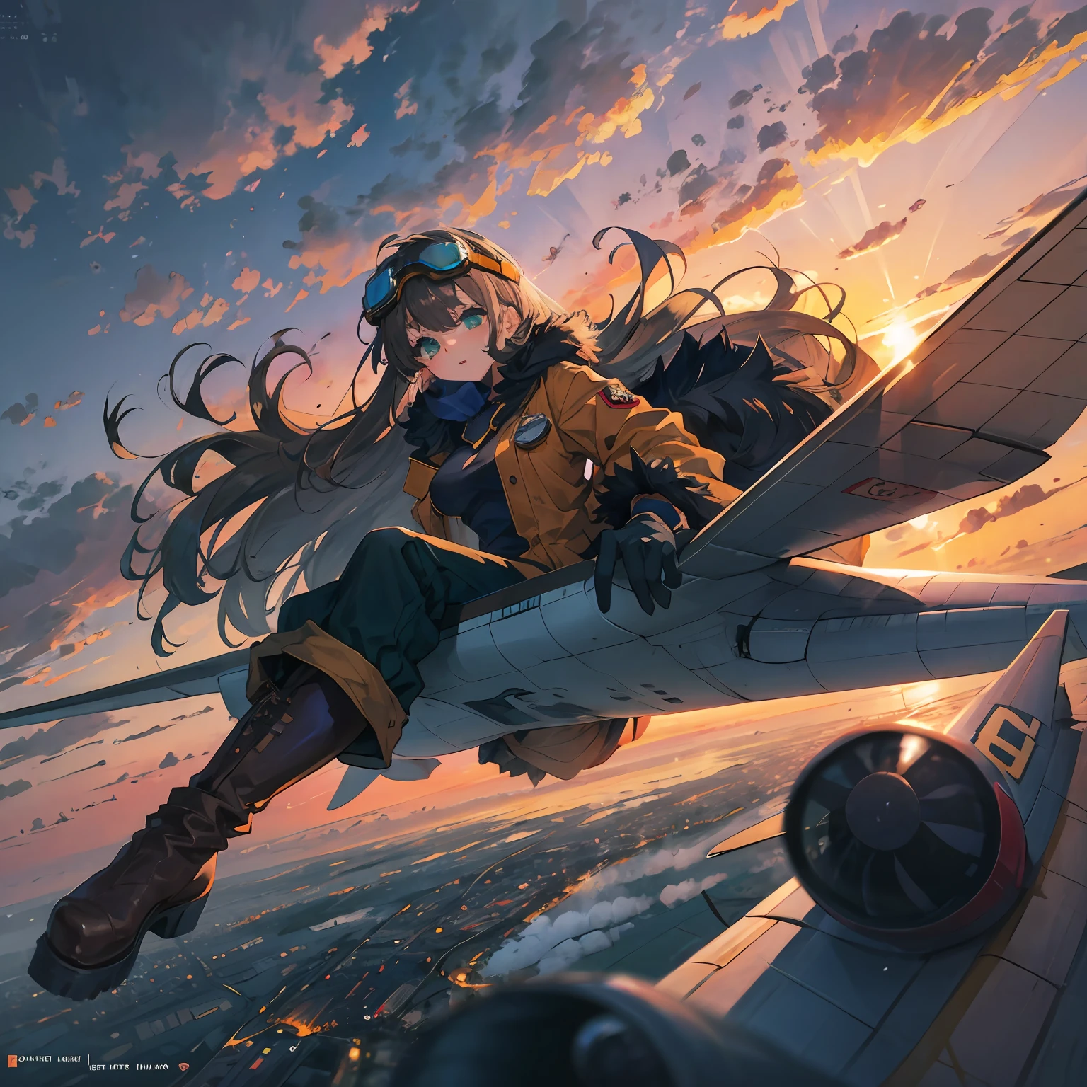 masterpiece, best quality,1girl, goggles, solo, long hair, goggles on head, gloves, sky, aircraft, boots, sitting, cloud, airplane, , jacket, green eyes, pants, day, fur trim, outdoors, brown gloves, looking at viewer,  ，Hair blown by the wind,Pilot,dusk, sunset, from below,silly, --auto