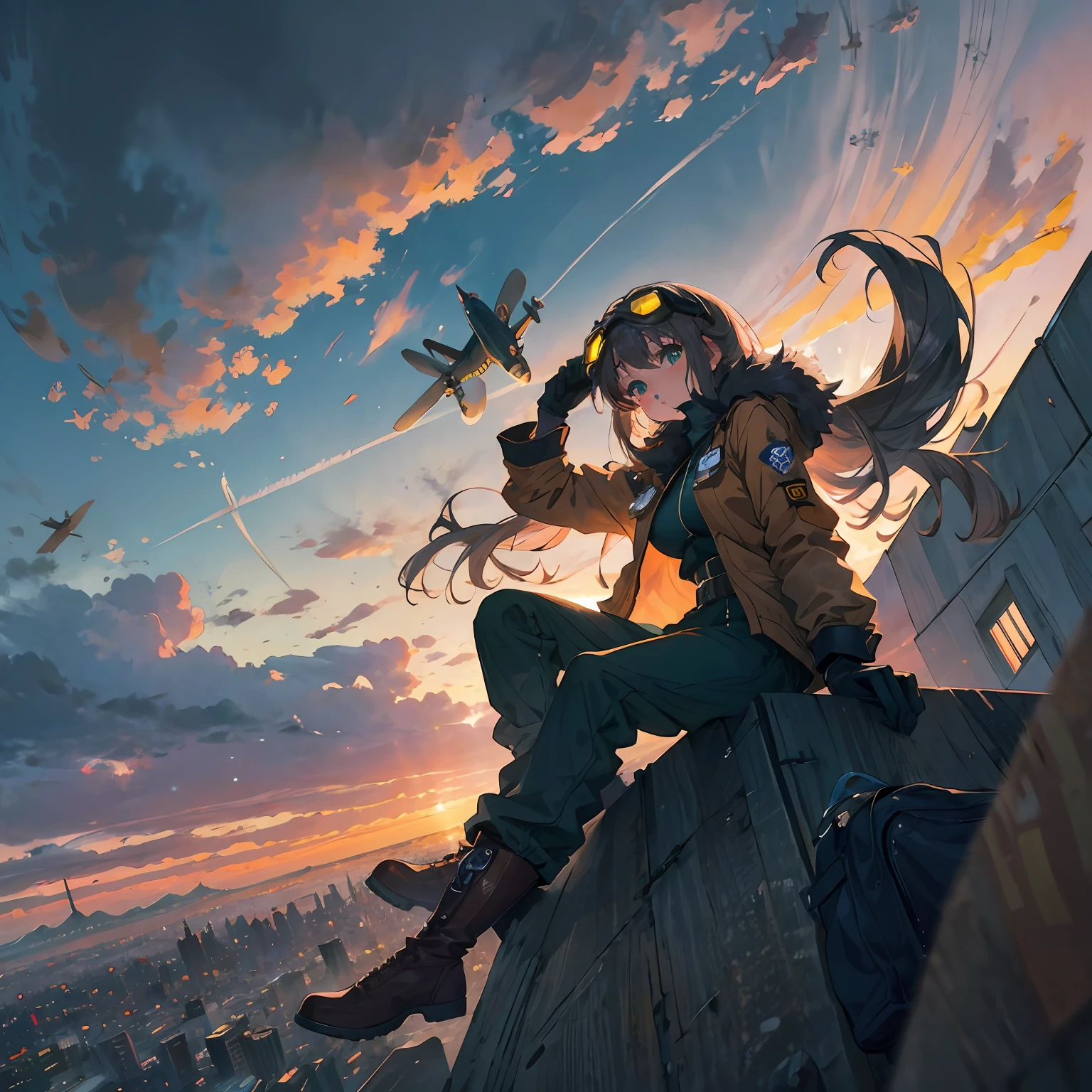 masterpiece, best quality,1girl, goggles, solo, long hair, goggles on head, gloves, sky, aircraft, boots, sitting, cloud, airplane, breasts, jacket, green eyes, pants, day, fur trim, outdoors, brown gloves, looking at viewer, medium breasts ,Hair blown by the wind,Pilot,dusk, sunset, from below,silly, --auto