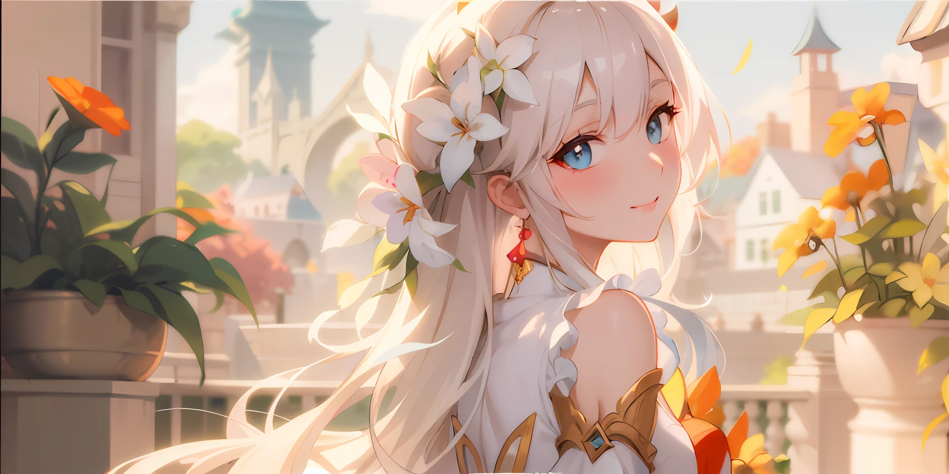 In front of the castle there is an anime girl with long white hair and blue eyes, Luminous Eyes, Diamond-shaped pupils, Shying, Sorrisos, intricate ornate anime cgi style, trending on artstation pixiv, anime visual of a cute girl, ayaka genshin impact, kawacy, Guwiz, beautiful fantasy anime, Beautiful Anime Artwork, beautiful anime art, genshin, A masterpiece, a highly realistic and hyper-detailed rendering, a highly realistic and hyper-detailed rendering, full of sunlight, Warmth, Heles, a beautiful anime portrait, artgerm and atey ghailan, guangjiao, MasterPiece, best best quality
