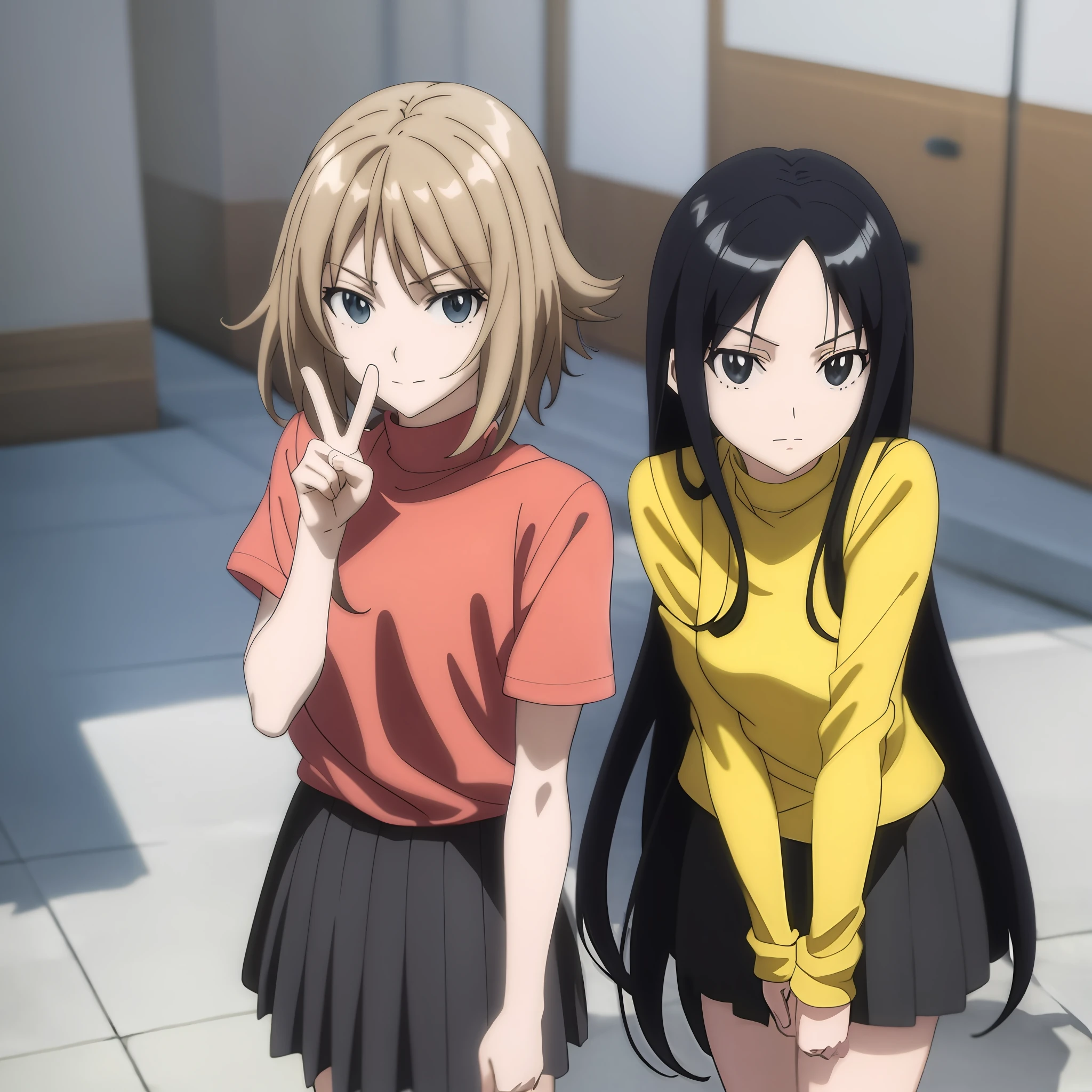 3 girl ,anime girl with black hair , yellow shirt plain,black skirt , making peace sign, anime style. 8k, realistic anime 3 d style, lofi girl, flat anime style, in anime style, in an anime style, lofi artstyle, stylized anime, anime styled 3d, style in ghibli anime style, anime artstyle, high quality anime artstyle
