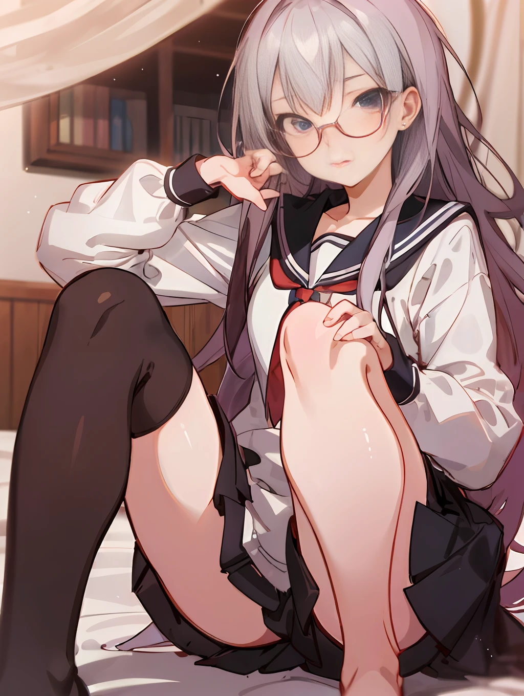 anime girl with glasses and stockings sitting on a bed, Beautiful Anime High School Girls, enchanting anime girl, anime girl with long hair, ecchi anime style, anime visual of a cute girl, ecchi, hyperrealistic schoolgirl, (Anime girl), ilya kuvshinov with long hair, beautiful anime girl squatting, beautiful charming anime teen