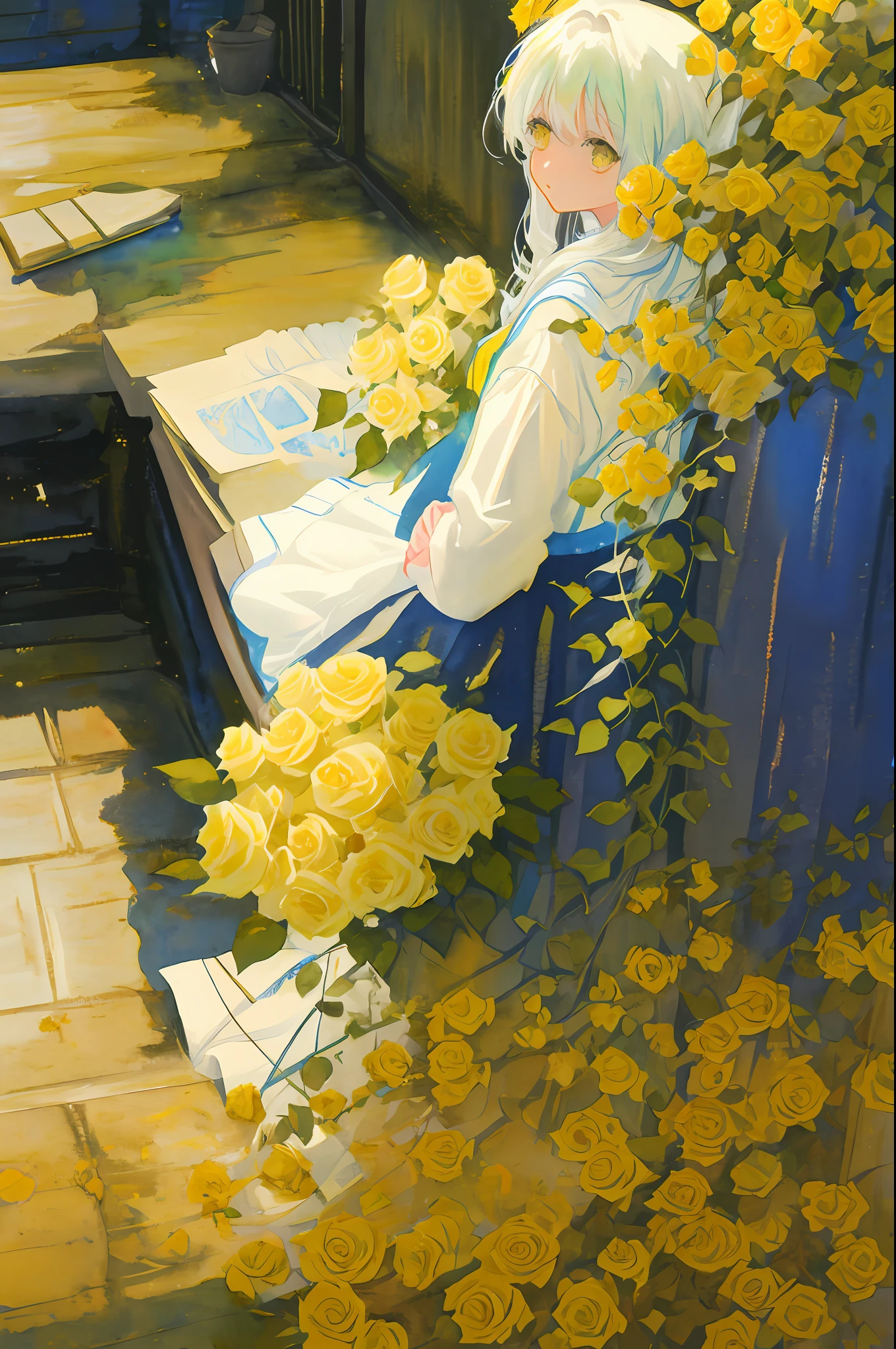watercolor painting of yellow roses