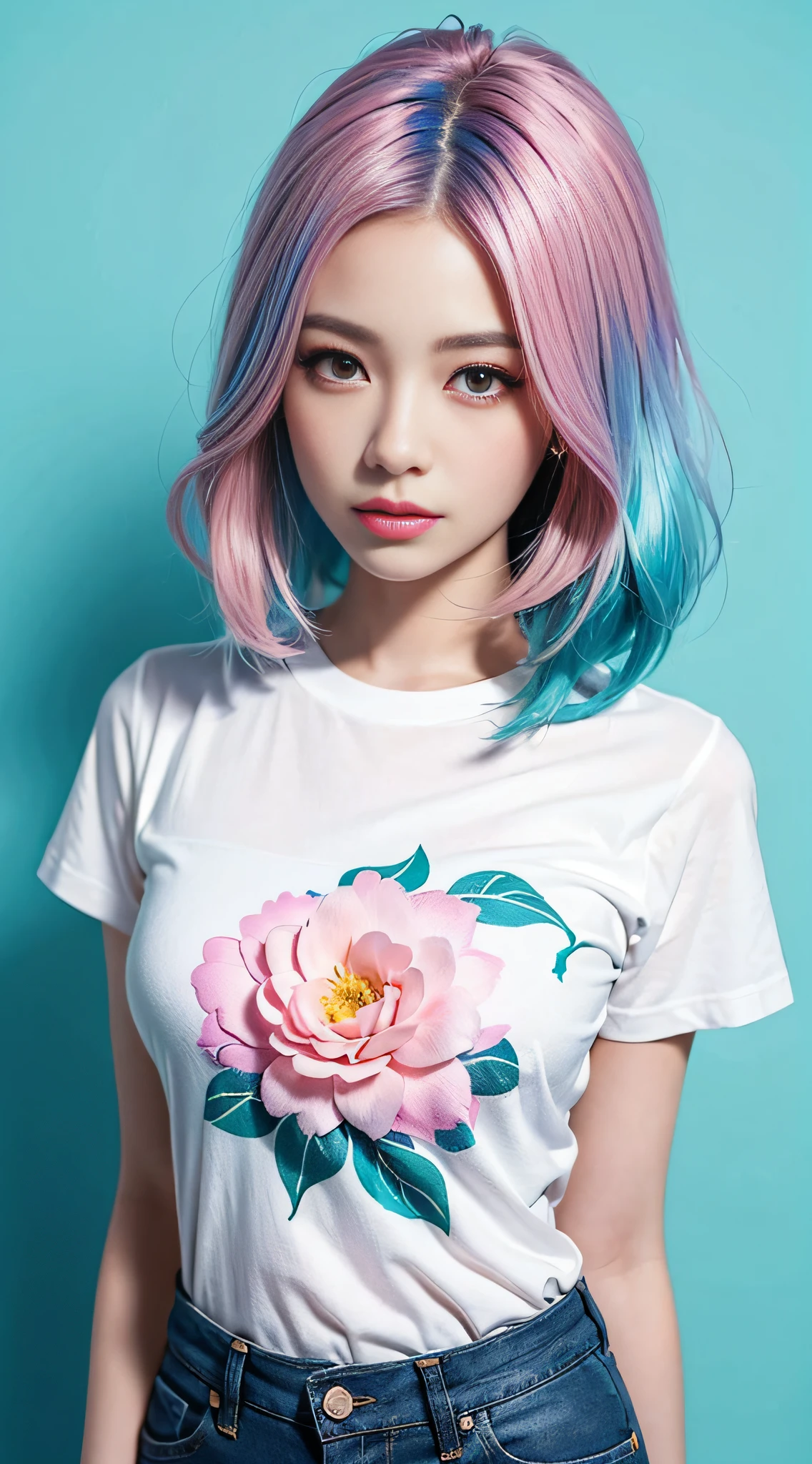 A woman with blue hair and pink hair，Wear a white shirt and jeans，There are flowers on it，Pink and blue background，Artgerm，animegirl，A realistic painting，Computer Arts