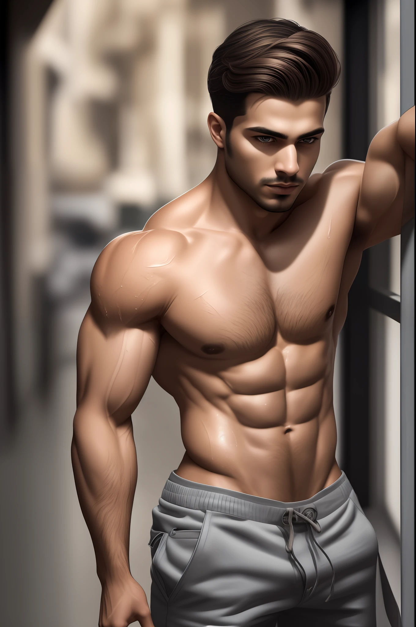 (full body photo) of muscular handsome middle eastern ethnicity young man looking down, naked torso, full length portrait, low camera angle, bottom view, bottom view, deep shadows, darkness (transparency) (moonlight: 1.3), award-winning POV , intricate, detailed, stunning, fine details, highly detailed face, sensual, evocative, extremely detailed eyes and face, piercing gaze, tousled hair, muscular body, perfect center, nikon d850 film, lens, porter 400 1.6, rich colors , ultra-realistic texture, spectacular, bright, popular in station art: zinc up to 800 (facial transparency: 1.5), anatomical masterpiece, window light, hair texture, wet hair (wet hair), hanging), model style ( highly detailed CG wallpaper Unity 8k), popular on ArtStation, popular on CGSociety, Intricate, High Detail, Sharp focus, dramatic, photorealistic painting by Midjourney --auto