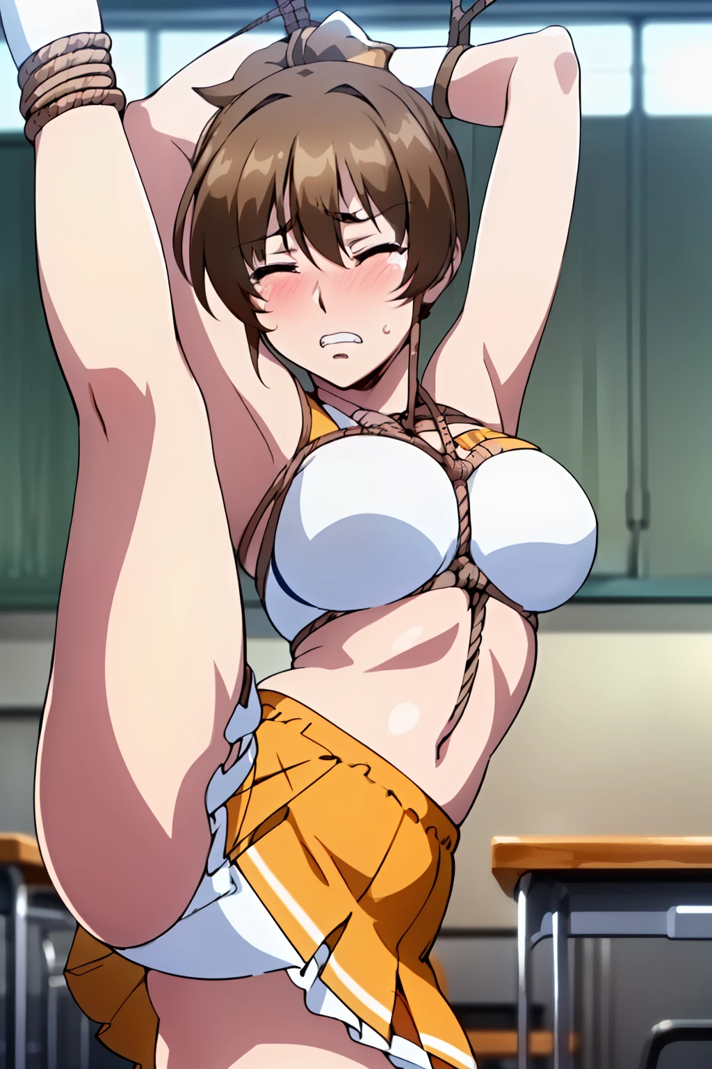 (full body shot),(from below:1.7),(day:1.7), classroom,
(glitter-cheerleader-uniform-costume:1.6), brown hair,brown eyes,white bow,ponytail,(rope shibari over the clothes:1.8),(arms behind head:1.3),(stand split leg:1,6, i-balanced:1.9, show sexy-white-frilled-high-cut-bloomers from micro-miniskirt:1.6),
1 girl, 18yo,Young female,Beautiful Finger,Beautiful long legs,Beautiful body,Beautiful Nose,Beautiful character design, perfect eyes, perfect face,
(frown,clench teeth,disgust,crying,closed eyes tightly, nose-blushing,:1.2),
NSFW,official art,extremely detailed CG unity 8k wallpaper, perfect lighting,Colorful, Bright_Front_face_Lighting,
(masterpiece:1.0),(best_quality:1.0), ultra high res,4K,ultra-detailed,
photography, 8K, HDR, highres, absurdres:1.2, Kodak portra 400, film grain, blurry background, bokeh:1.2, lens flare, (vibrant_color:1.2)
(Beautiful,medium_Breasts,natural pointy tits:1.3), (beautiful_face:1.5),(narrow_waist),