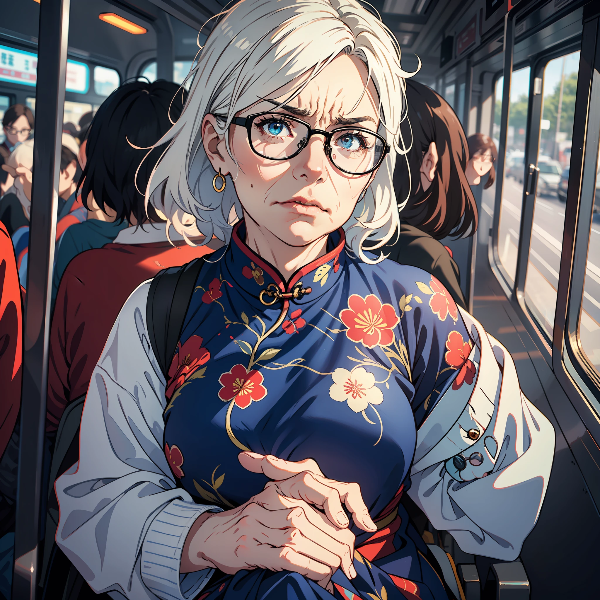 An old woman,The sideburns are white,Face full of wrinkles,black rimmed glasses,blue glasses,red cheongsam,angry,Cross your hands at the waist,Stand on the bus,It was full of passengers