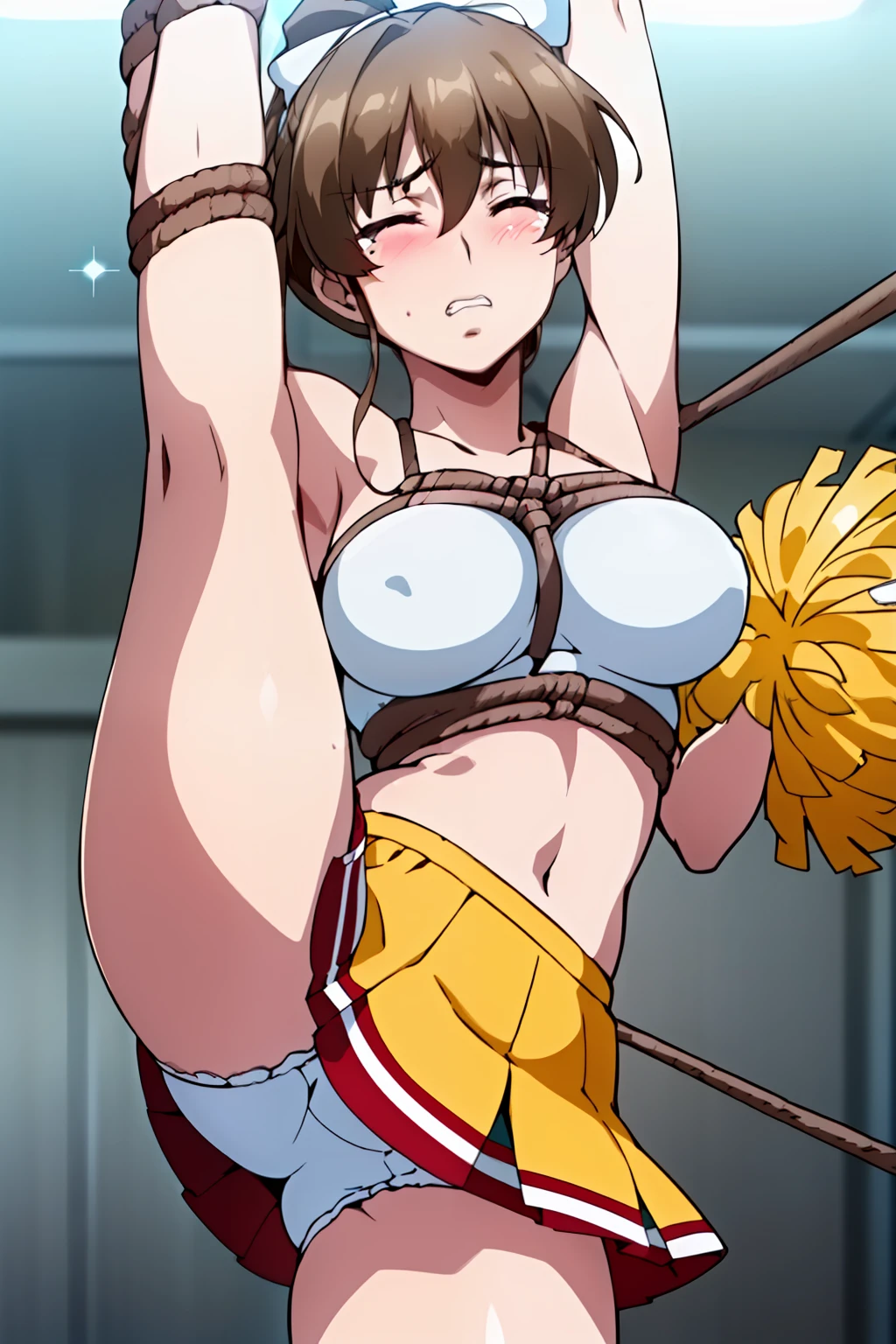 (full body shot),(from below:1.7),(day:1.7), classroom,
(glitter-cheerleader-uniform-costume:1.6), brown hair,brown eyes,white bow,ponytail,(rope shibari over the clothes:1.8),(arms behind head:1.3),(stand split leg:1,6, i-balanced:1.9, show sexy-white-frilled-high-cut-bloomers from micro-miniskirt:1.6),
1 girl, 18yo,Young female,Beautiful Finger,Beautiful long legs,Beautiful body,Beautiful Nose,Beautiful character design, perfect eyes, perfect face,
(frown,clench teeth,disgust,crying,closed eyes tightly, nose-blushing,:1.2),
NSFW,official art,extremely detailed CG unity 8k wallpaper, perfect lighting,Colorful, Bright_Front_face_Lighting,
(masterpiece:1.0),(best_quality:1.0), ultra high res,4K,ultra-detailed,
photography, 8K, HDR, highres, absurdres:1.2, Kodak portra 400, film grain, blurry background, bokeh:1.2, lens flare, (vibrant_color:1.2)
(Beautiful,medium_Breasts,natural pointy tits:1.3), (beautiful_face:1.5),(narrow_waist),