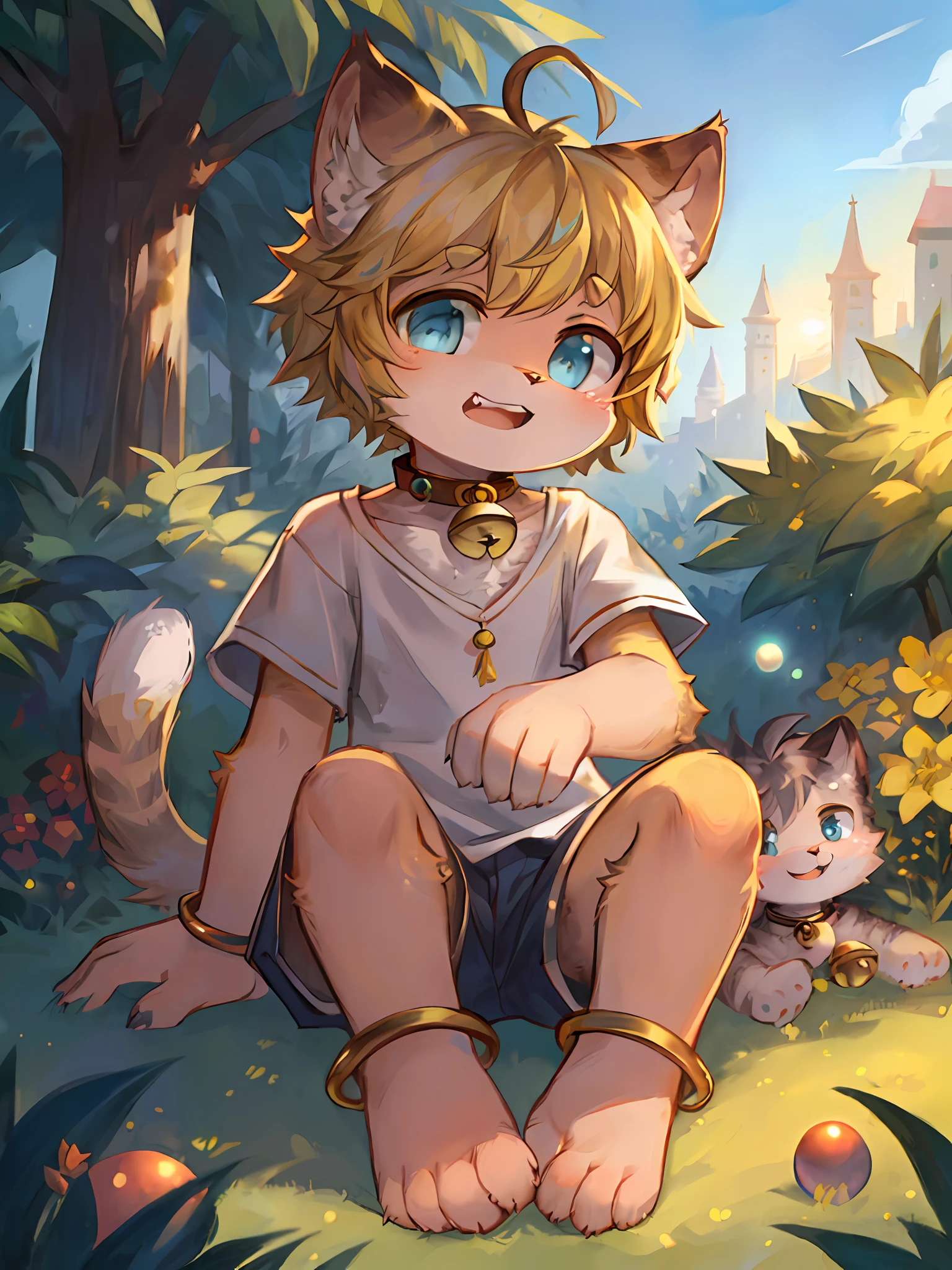 spheres,Stand in front of the garden,bobed hair,blondhair,Light blue eyes,Ahoge,Bell collar,FULLBODY,lenfant,Furries,cat ears,cat ears,open mouth,There are cat teeth,yun,SKY、,SKY,The sun,In summer,No spots,Cubs,Yellow hairs everywhere,Yellow fur everywhere,Hairy all over,Cat type,Fluffy cat tail,MasterPiece,quality portraits,human shape,Cubs,Solitary child boy,aeolian,Full Shot Shot,White top with short sleeves,gray shorts,Super cute face,Dore,Fluffy snow-white cat palm、hairy hands,The fingers are clearly defined,There are meat pads,There are toe pads,Beautiful palm,flesh pad,Structured,full body portrait,Cat's feet,hairy legs,Cute anklets,The face is hairy,Cat beard,No shoes