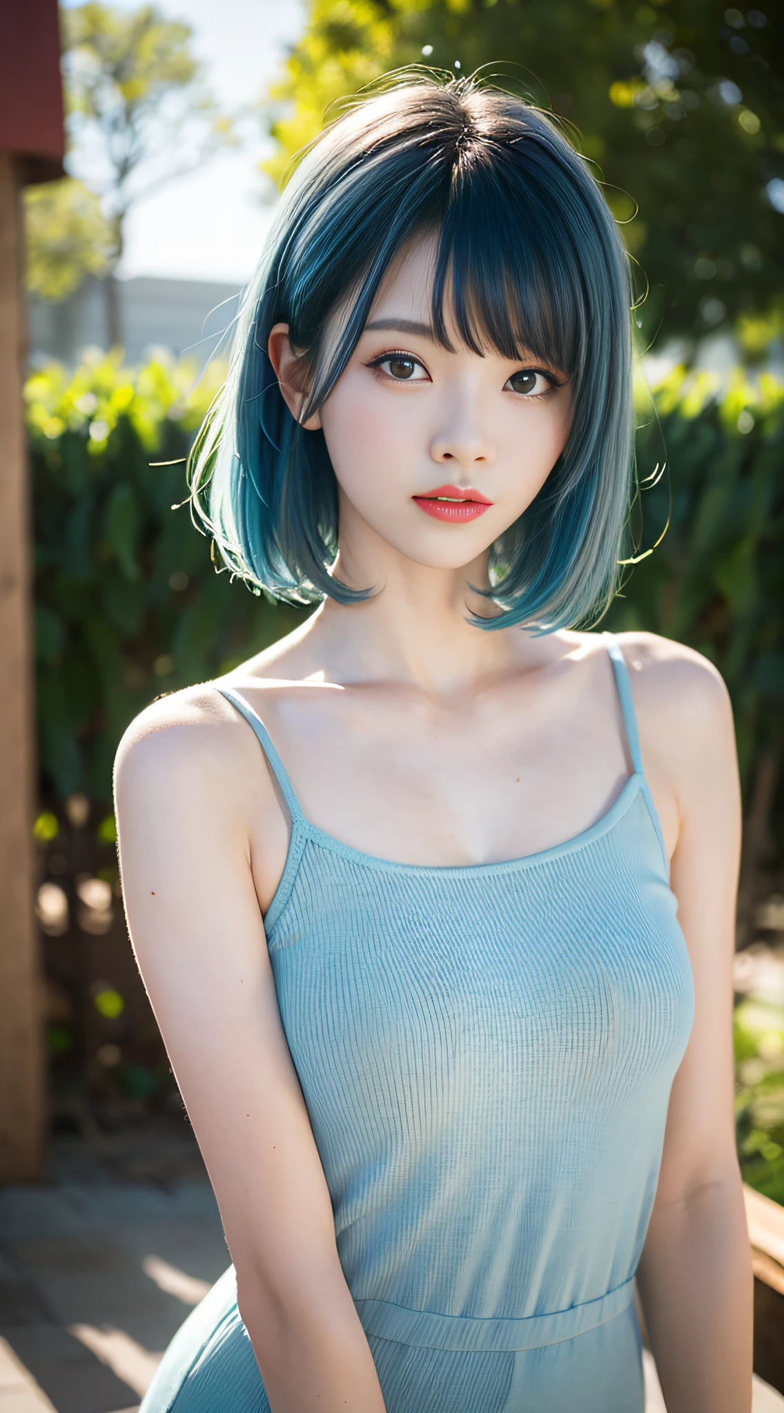 (best quality, masterpiece:1.2), highres, (RAW photo, photorealistic, film grain:1.1), (scenery:1.2), cinematic lighting, beautiful and aesthetic, 1girl, (bangs:1.3), (pale glossy skin:1.2), blue hair, cowboy shot,