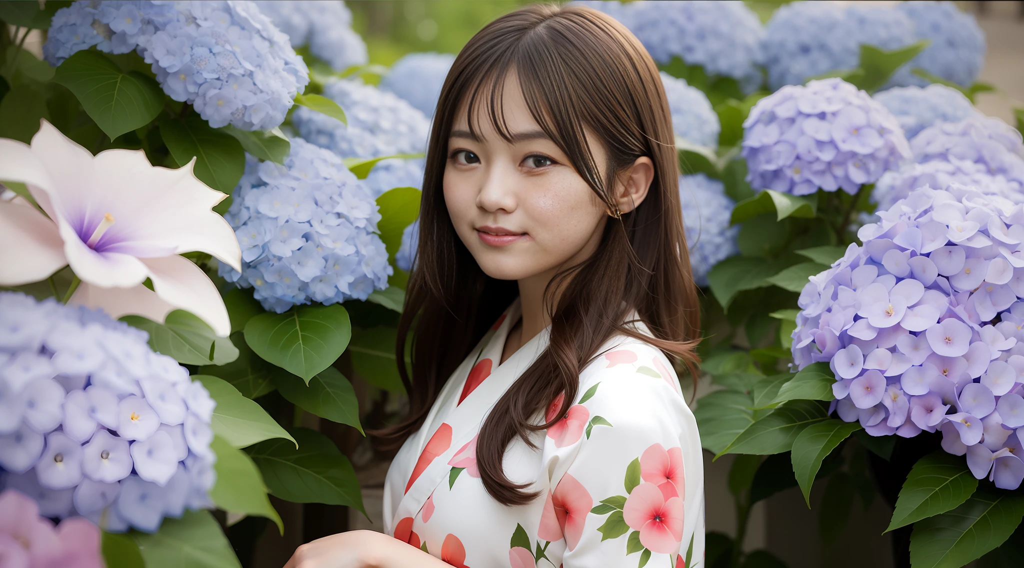((MasterPiece)), ((Max Quality)), ((Perfect lighting)), An illustration, Perfectly drawn eyes, DETAILED EYES, 8k, official wallpaper,
standing a、Cowboyshot、Side View、looking far away、Looking away、simple Backgrounds、
((1GIRL)), solo、、, cuddly, 20 years o, Black long straight hair, BROWN EYES, Middle chest, sad,,
Morning glory print on white and pink yukata、Hydrangeas are blooming on the promenade of the park、Live action、smilling face、Happy smile、burst out laughing