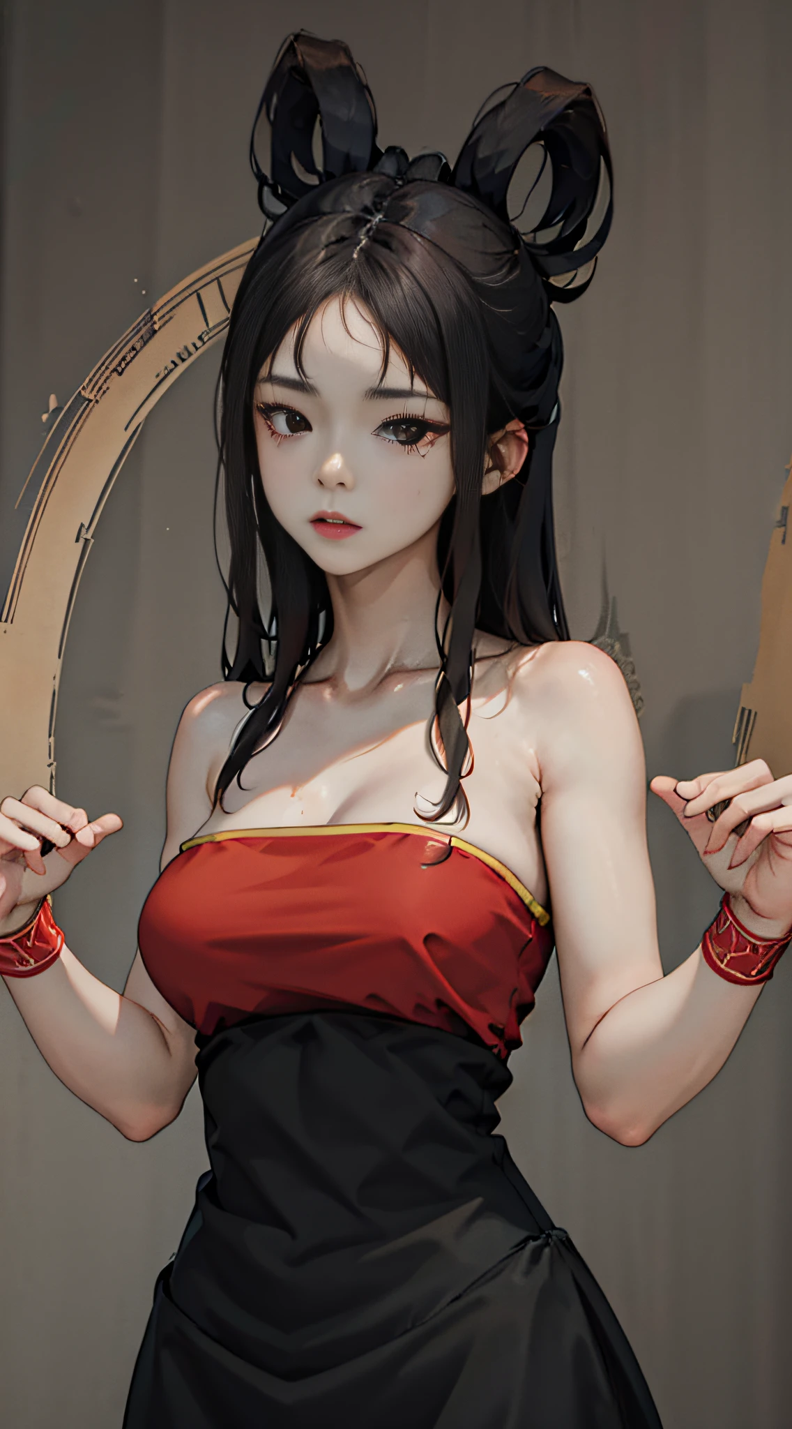 masterpiece, highres,beautiful face,(masterpiece, top quality, best quality, official art, beautiful and aesthetic:1.2), (1girl:1.3), (fractal art:1.3), solo, xiuhuaxie, bare shoulders, bare arms, black hair,  large breasts, red strapless  bellyband,strapless ,red wristband,(black eyes:1.3), collarbone,
 looking at viewer,