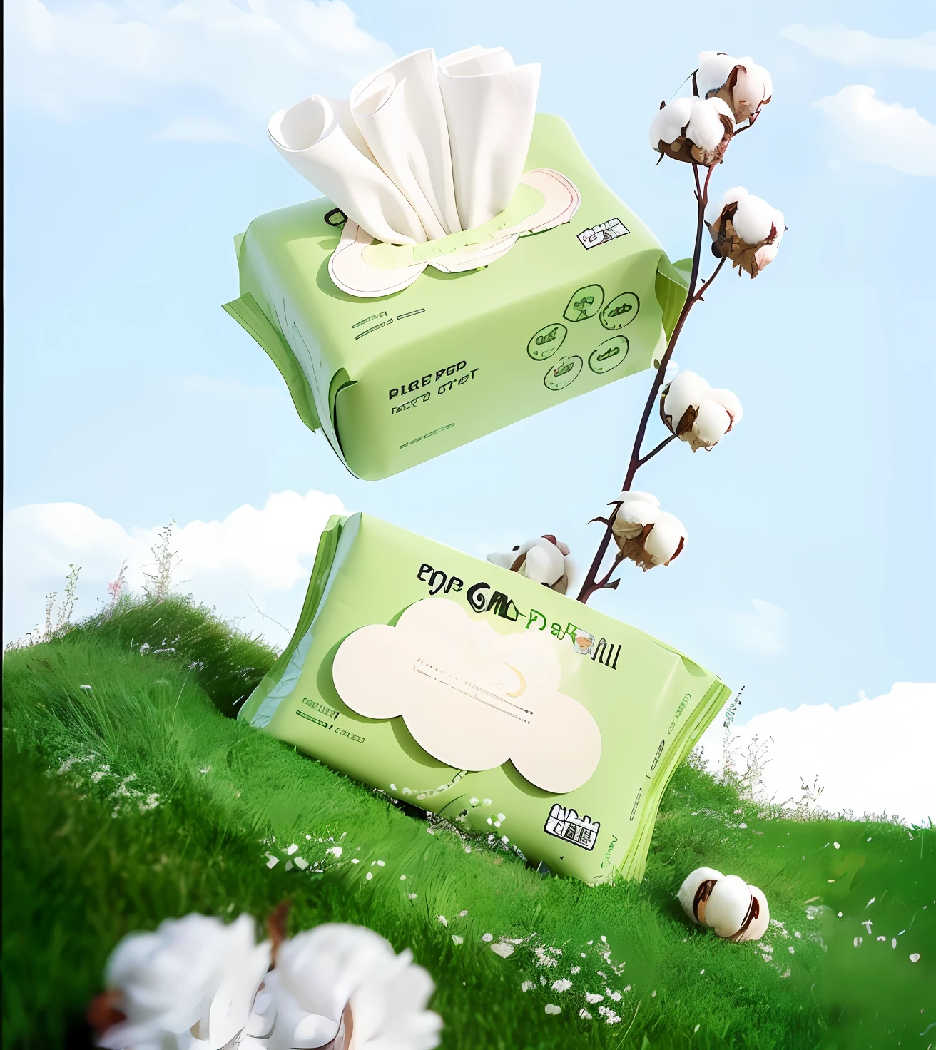 "Two boxes of paper towels on the green hill、Cotton,3D product rendering,Reka,digital painted,High quality product image,Packaging close-up!!,🤬🤮💕🎀,1/30,product design render,blooming,Author:Alexis Grim,professional product shot,handsome!!"