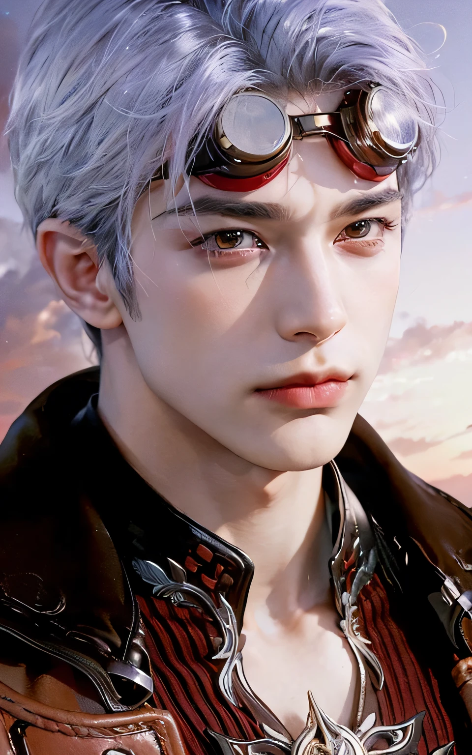 a close up of a person wearing a leather jacket and goggles, akihiko yoshida. UNREAL ENGINE, character close up, character close-up, close up character, monkey king, ((handsome face)),((Exquisite Facial Features)),((Superb handsome guy)),((Face Close-Up,Meticulous portrayal))