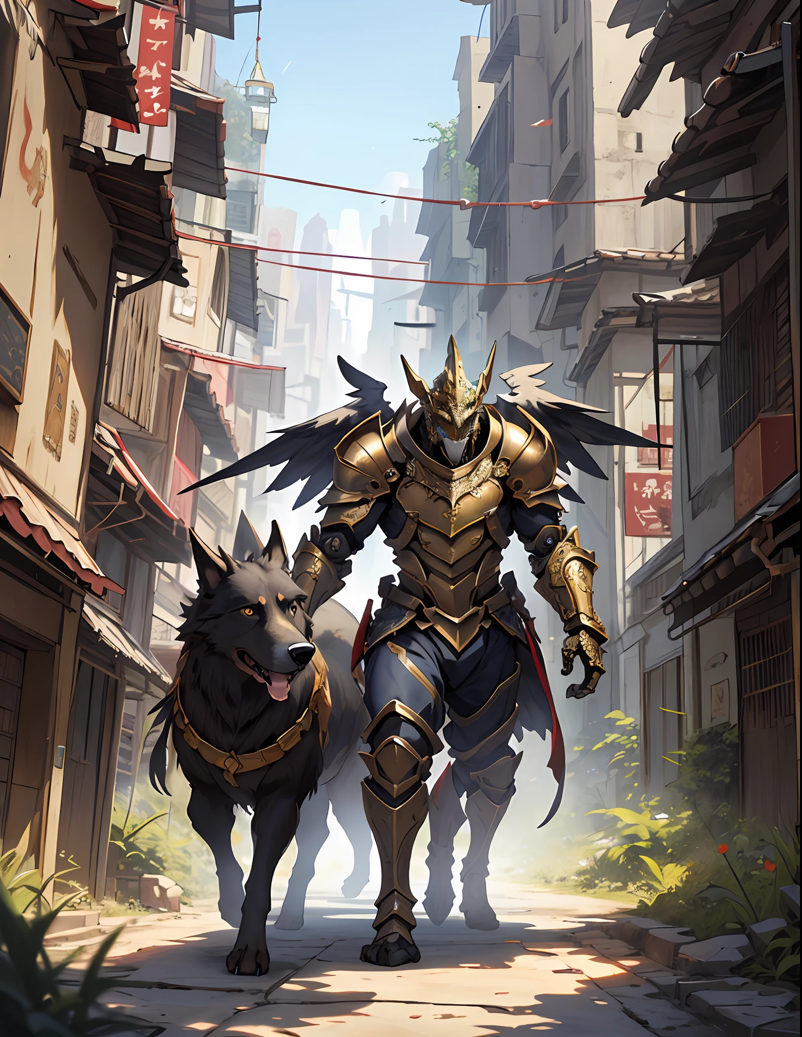((foto crua)), ((obra-antes)), anthropomorphic humanoid AngelDog wearing gold armor, detalhe intrincado, Futobot, intricate Greebles pieces, Golden heavenly city behind, asas grandes