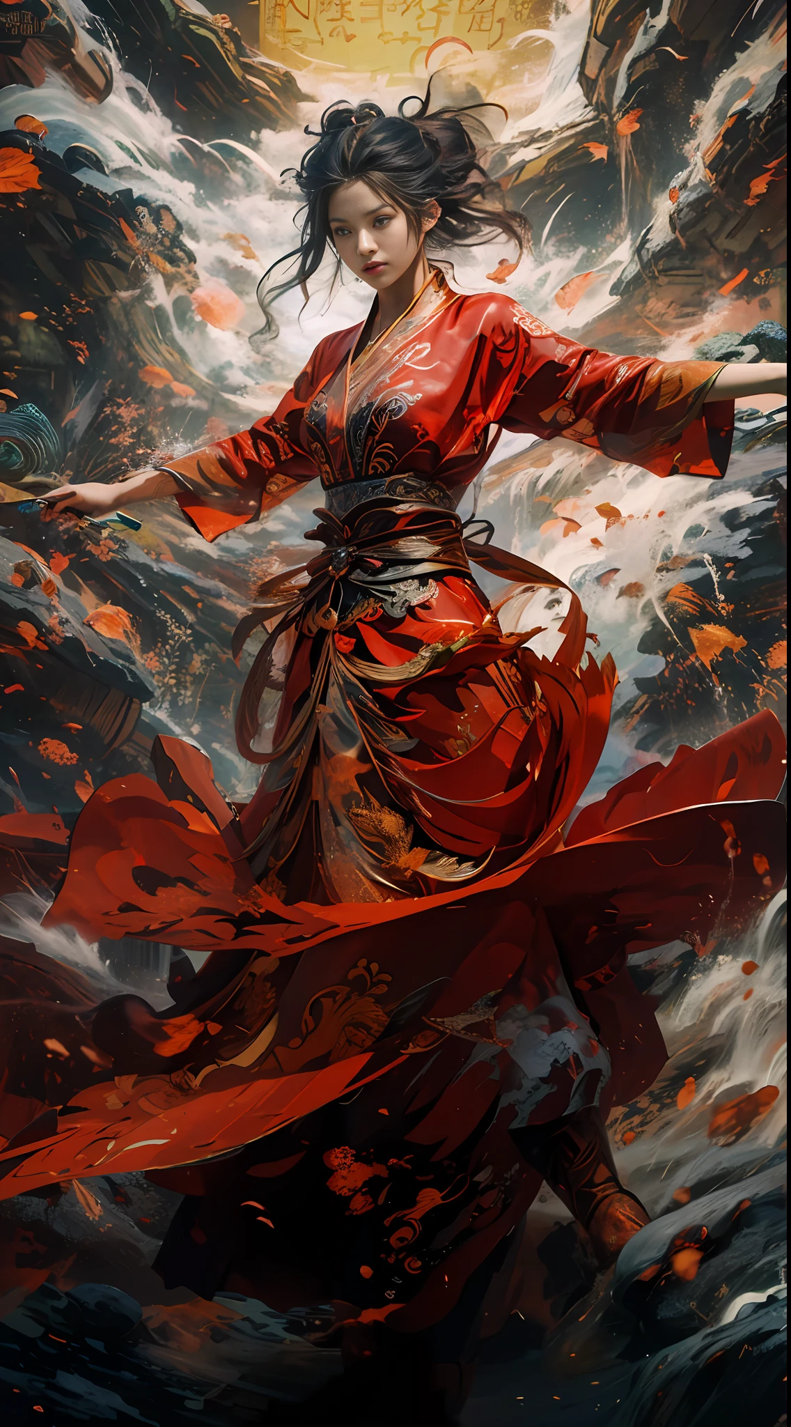 RAW photo of，best best quality，MasterPiece，Ultra-great resolution，（PhotoRealistic：1.4），anime posters，Flying fairy，two hands，Wear gorgeous dresses，wavy，Traditional Chinese ink style，Girl Dragon Slayer，The main color is blue and white powder ink，Dynamic Movement，dynamicpose，moto，FULLBODY：：1 油画环境艺术电影中的惊人矢量， dioramas， Complicated Detail， solo， piece dress， floating_pubic hairs、Haar、