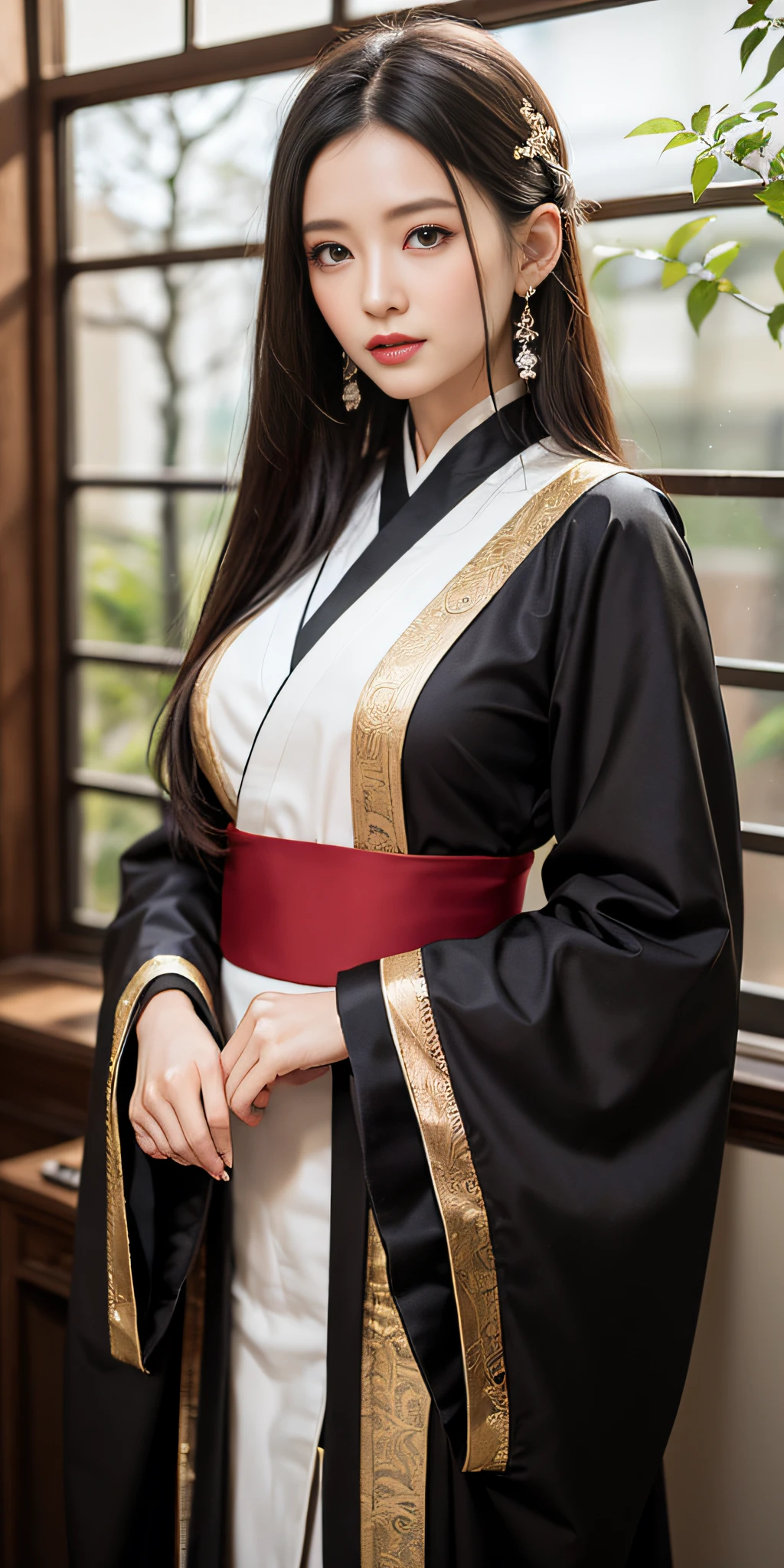 Black hair，long haired，High horsetail，black colored eyes，hansome，Upper body standing painting，illustration，Hanfu，ancient Chinese style，snowy night，Precious jewelry，Ancient long sword，the best quality t，Original，Very detailed，MasterPiece，Very Detail，CG，8k，Refined face，The hair is fine，atmospurate，Mu Xia，Wide robe with large sleeves，divinity，MasterPiece，classical temperament，Xian Xia，，Warm as jade, ancient long sword，snowy night，Lamei，Plum Blossom，Branches，snowflakes，the best quality t，Original，Very detailed，MasterPiece，Very Detail，CG，8k，Refined face，The hair is fine，atmospurate，Mu Xia，Wide robe with large sleeves，divinity，MasterPiece，classical temperament，Xian Xia，