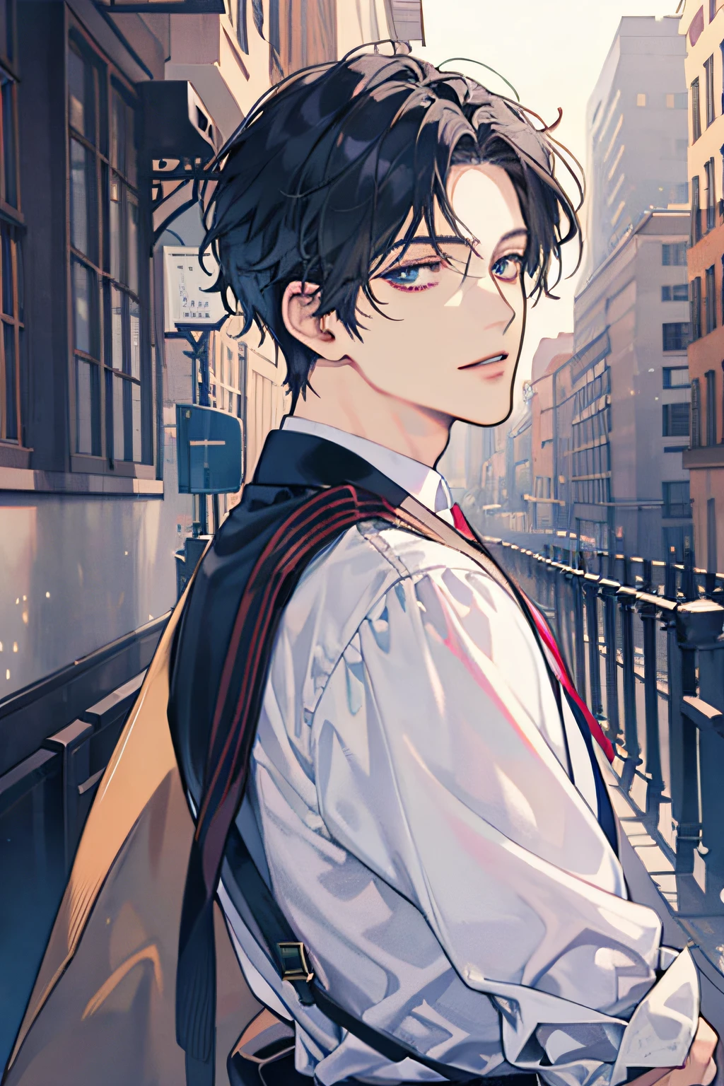 Anime boys，overbearing president，Side face，The background is a city, , visual novel cg, anime key visual of elegant, romance novel cover,