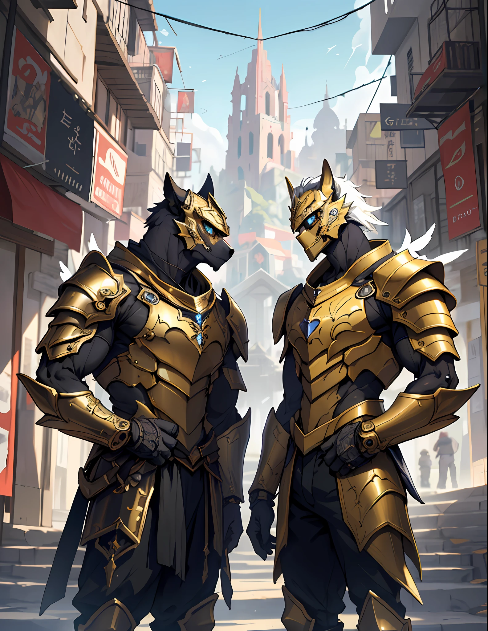 ((foto crua)), ((Trabalhe antes)), anthropomorphic humanoid AngelDog wearing gold armor, detalhe intrincado, Futobot, intricate Greebles pieces, Golden heavenly city behind, asas grandes