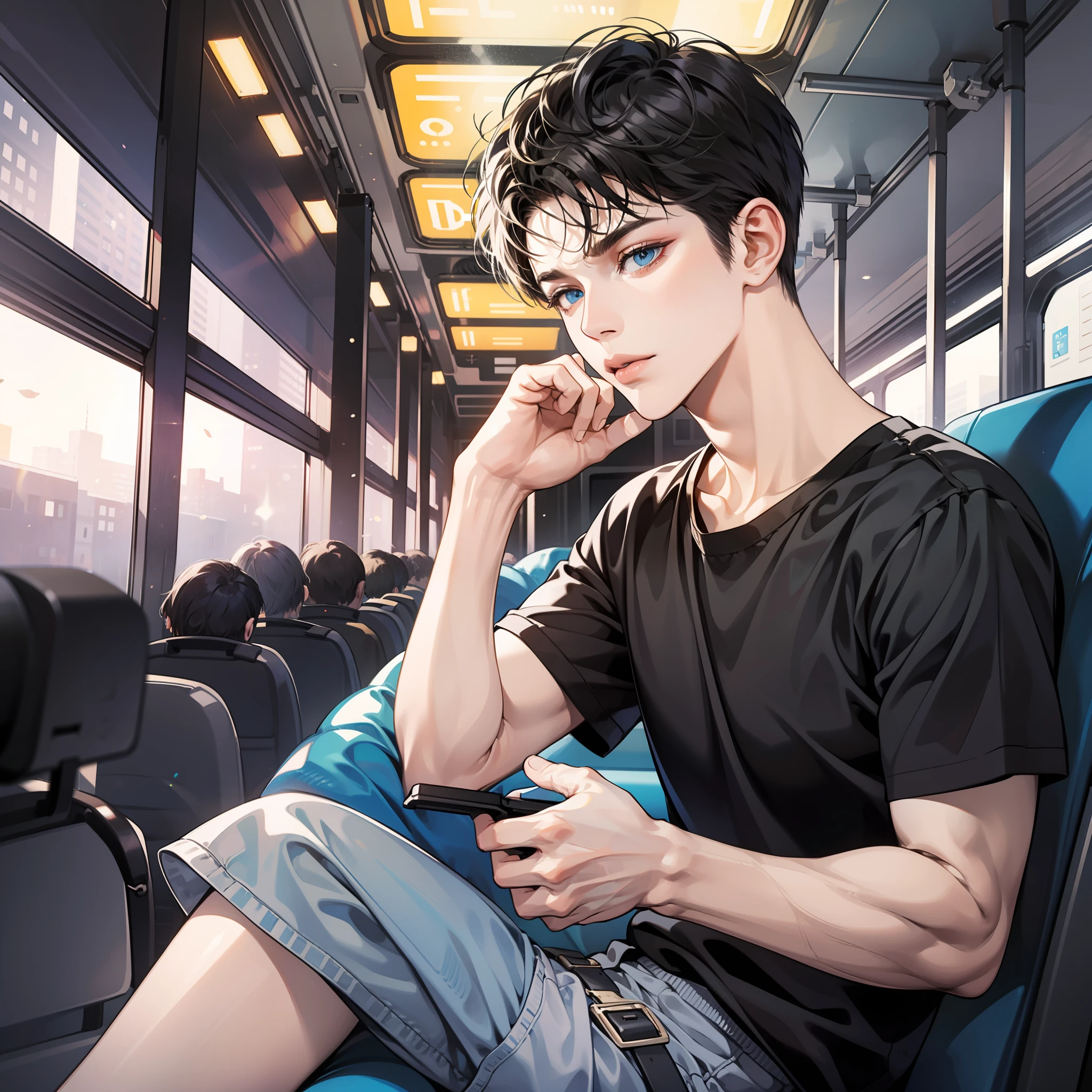 A guy,MasterPiece,highs quality,PhotoRealistic,Black Short Hair,blueeyes,black tee,serious,Sit on the bus,It was full of passengers