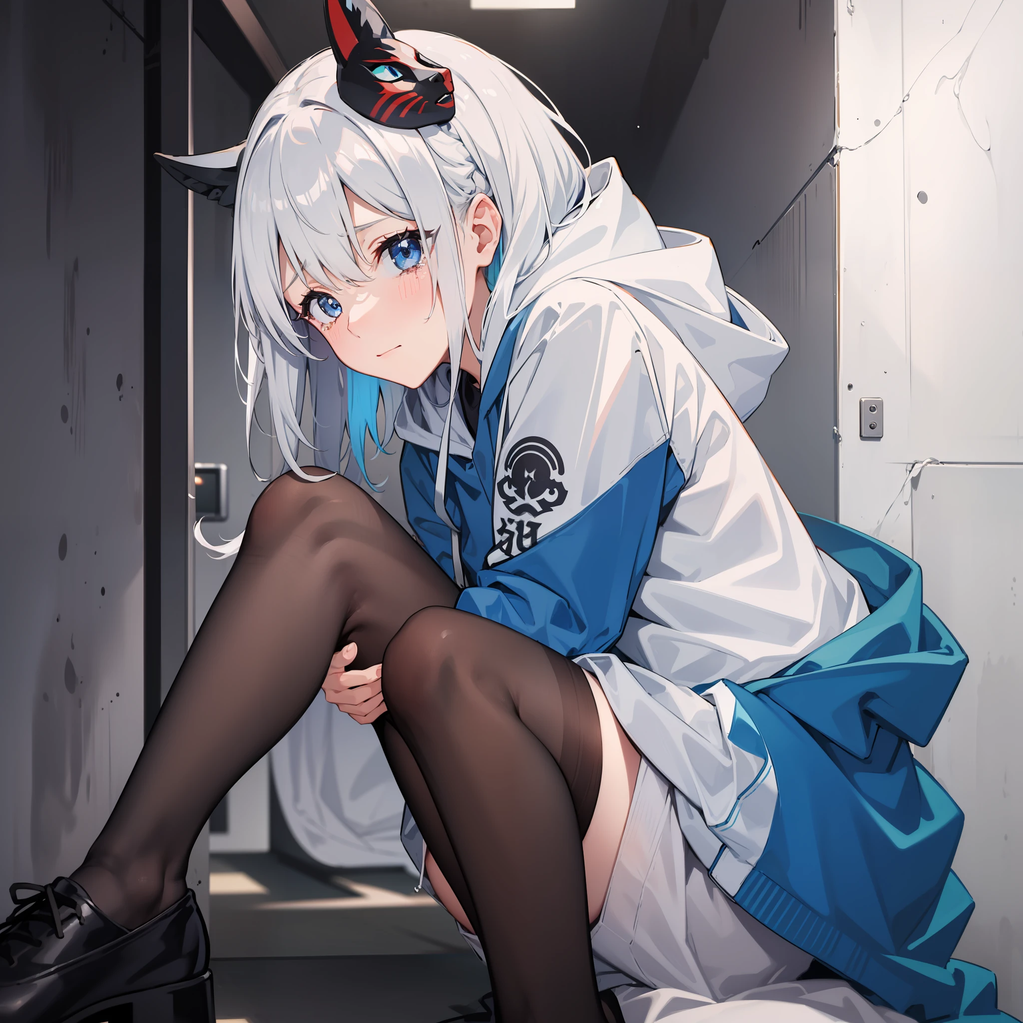 1GIRL、White hair、mask on head、Side Light、particles of light、wall paper、blue eye、mask on head、Mechanical、a hoodie、Multicolored hair shortcuts、Physical education sitting、 crying face、self PEEI、peeing herself