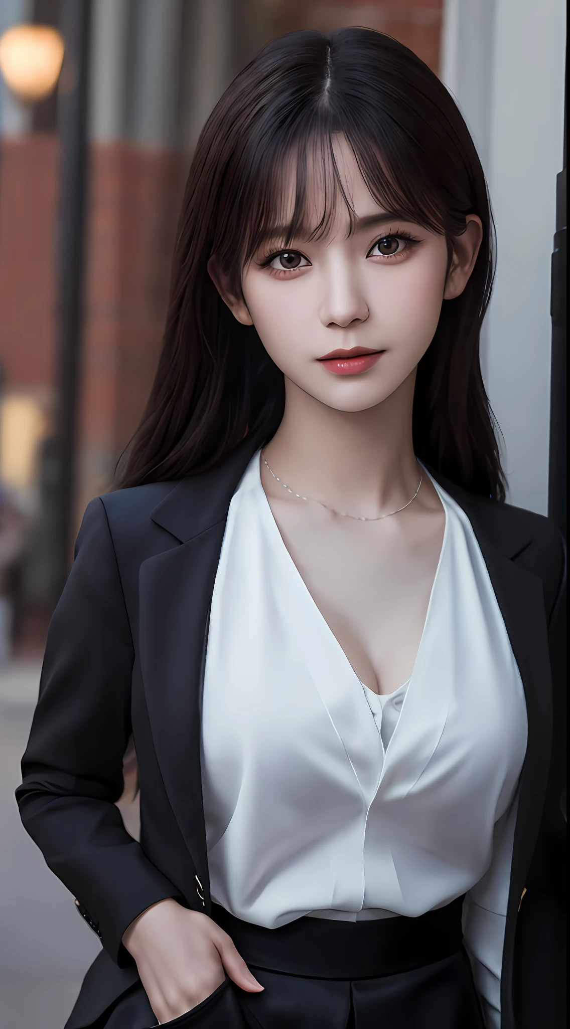 best quality, masterpiece, 1girl, Beautiful face, (photo realistic:1.3), rim lighting, (high detailed skin:1.2), 8k uhd, dslr, high quality, high resolution, 4k, 8k, Bokeh, absurdres, best ratio four finger and one thumb, (realistic:1.3), cute 1girl, wearing black formal blazer, medium breasts, short skirt,